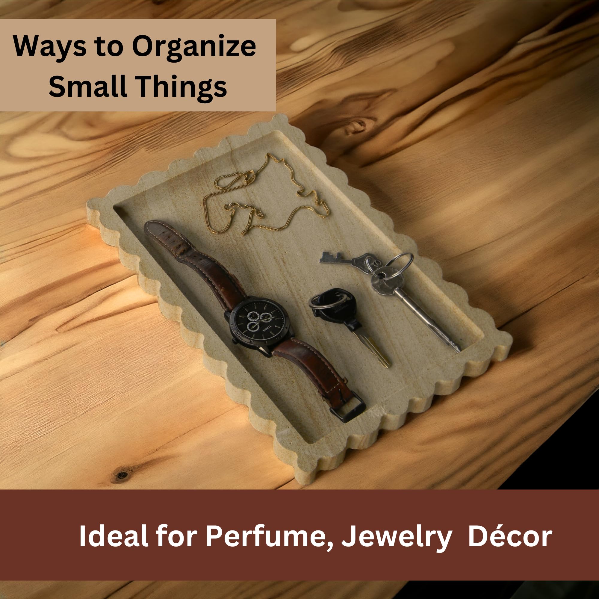 Natural Marble Tray for Kitchen Counter Handmade Decorative Coffee Table Countertop Luxury Scalloped for Desktop/Vanity/Bathroom/Bedroom Organizer Ideal for Serving/Perfume/Jewelry (11x8 Inches)