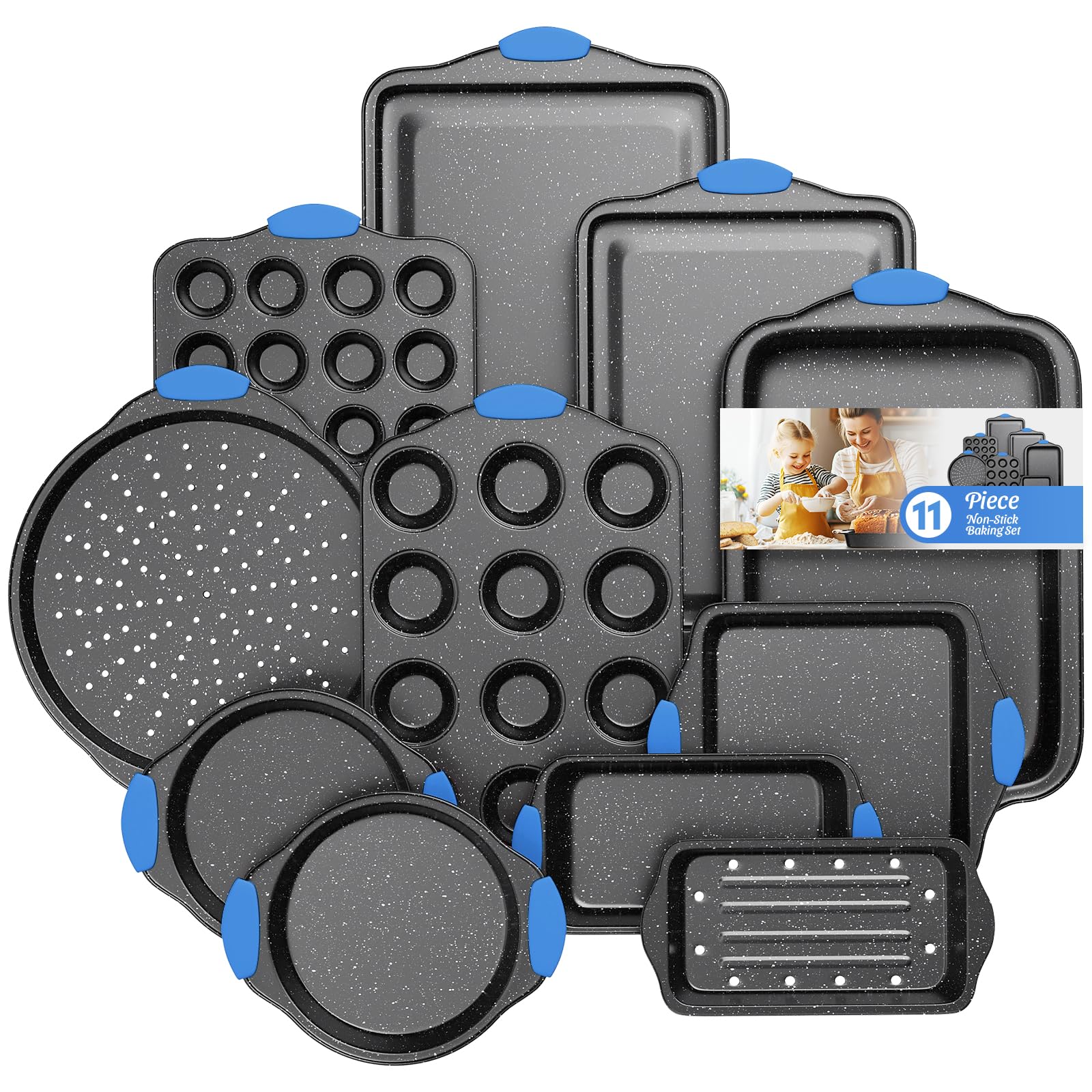 11-teiliges Antihaft-Backformen-Set, stapelbar & ofenfest, Küchen-Backformen mit Silikongriffen, inklusive Plätzchenblech, Kuchenform, Muffinform, Pizzastein und Brotkastenform, Dunkelgrün