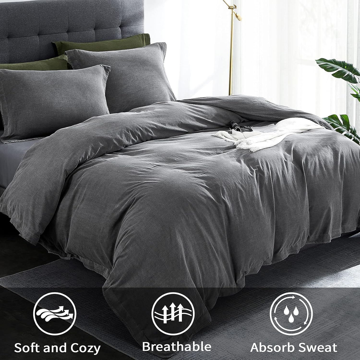 CAROMIO Grey Duvet Cover Queen Cotton, Ultra Soft Comfortable Bedding Set for Summer, Washed Cotton Duvet Cover Set 1 Duvet Cover + 2 Pillowcases(Dark Grey, Queen/Full, 3 PCS) - Image 3