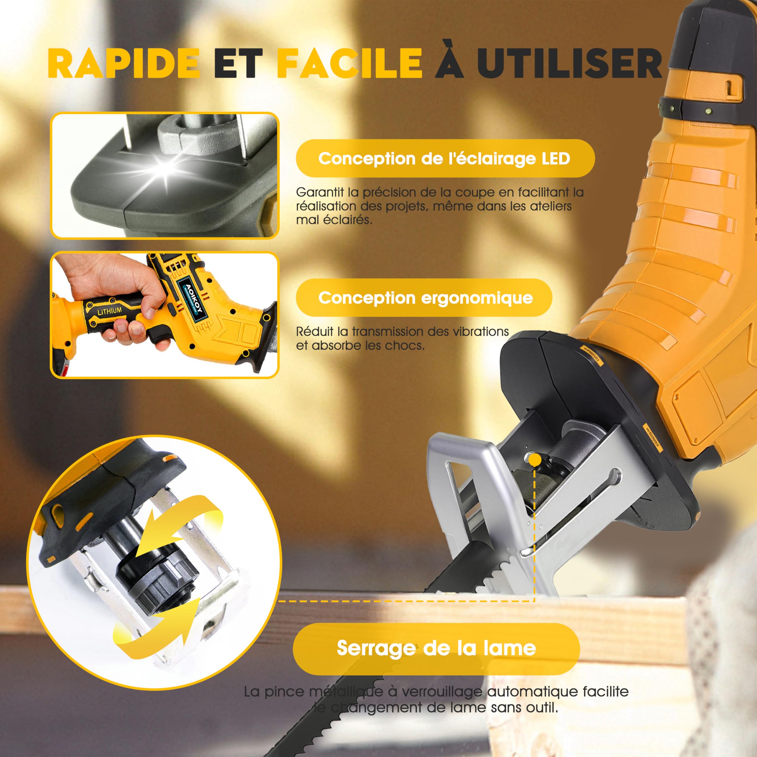 Scie Sabre Sans Fil pour Dewalt Batterie 21V, Scie Électrique Sans Fil avec 4 Lames et Boîte à Outils, Vitesse Variable 0-2500RPM pour le Bois/Métal/PVC (Batterie Non Incluse)