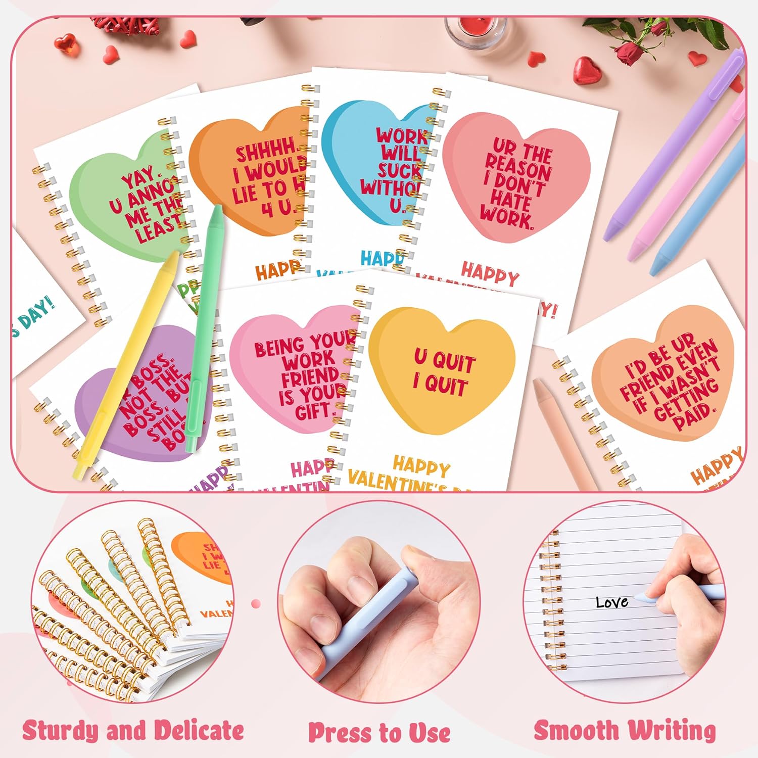 48Pcs Valentine‘s Day Mini Notebook with Ballpoint Pens Set, A6 Funny Conversation Heart Spiral Notepads Journal for Office Coworker Employees Volunteer Appreciation Gifts Bulk Party Favors