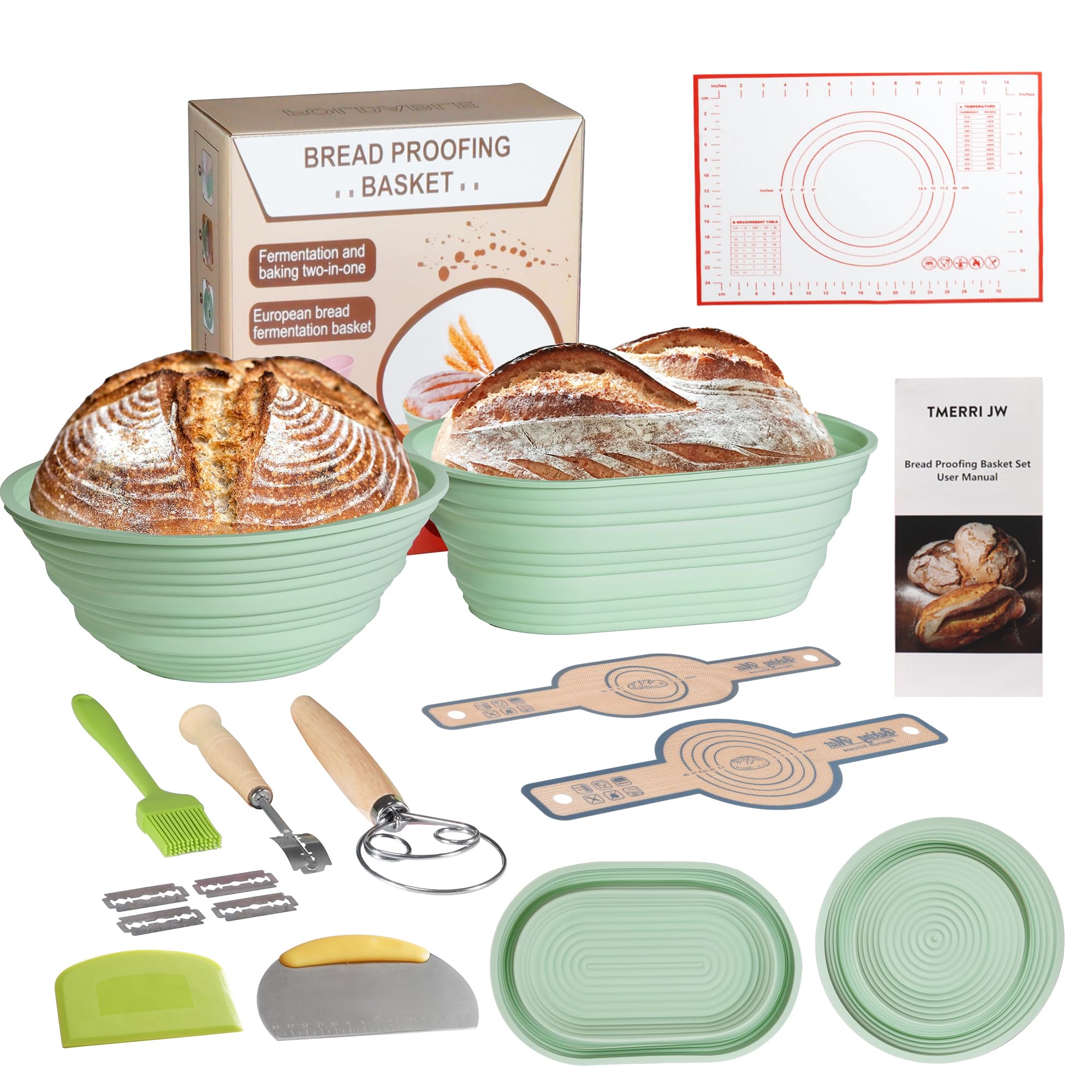 Tmerri Jw Sourdough Bread Baking Supplies,Silicone Bread Sling for Dutch Oven,10 inch Oval & 9 inch Round Banneton Bread Proofing Basket,Sourdough Starter Kit 10pcs/set