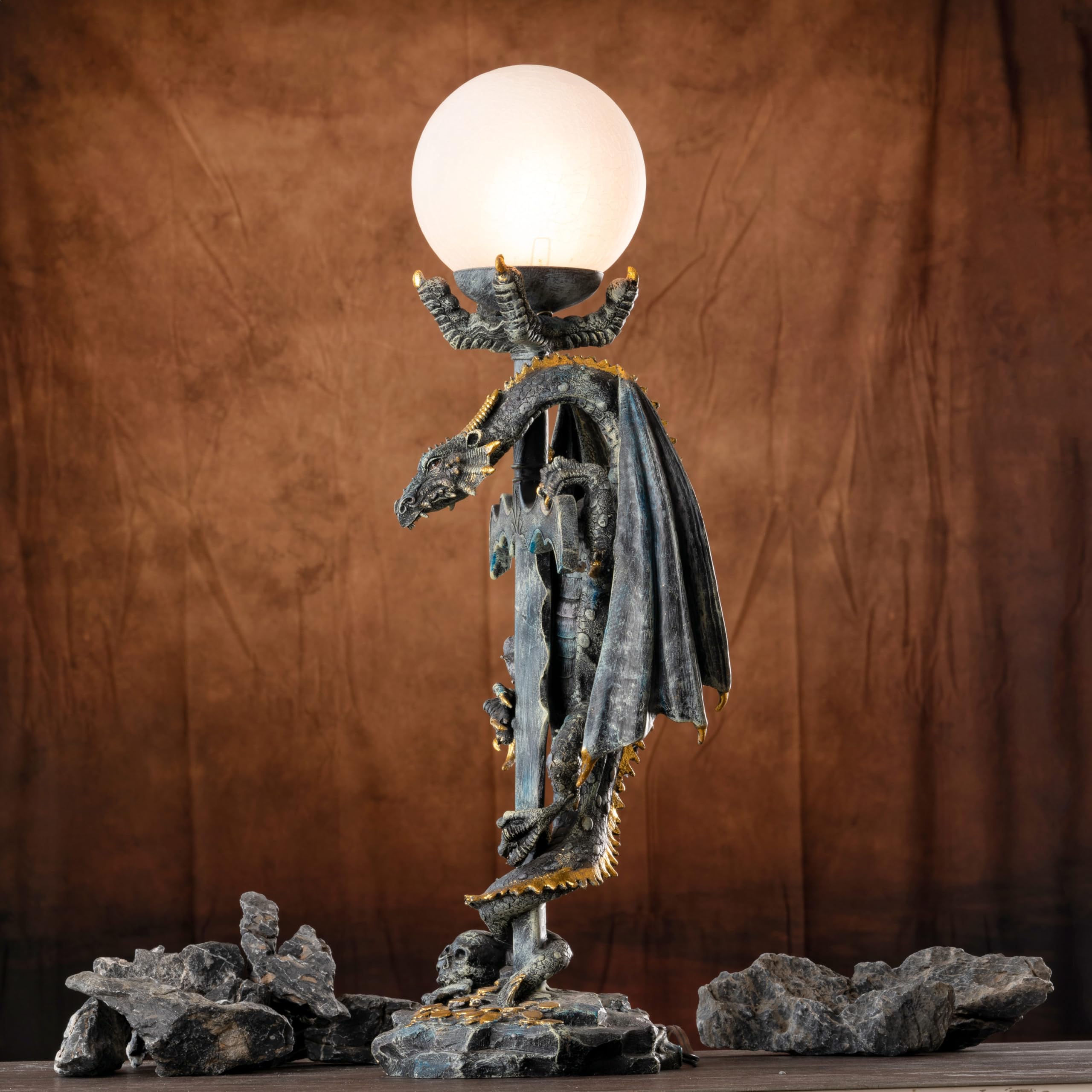 Outour Grey Gothic Dragon Statue Lamp With Sword And Glowing Orb Medieval Mythic Guardian Decor For Home Bedroom