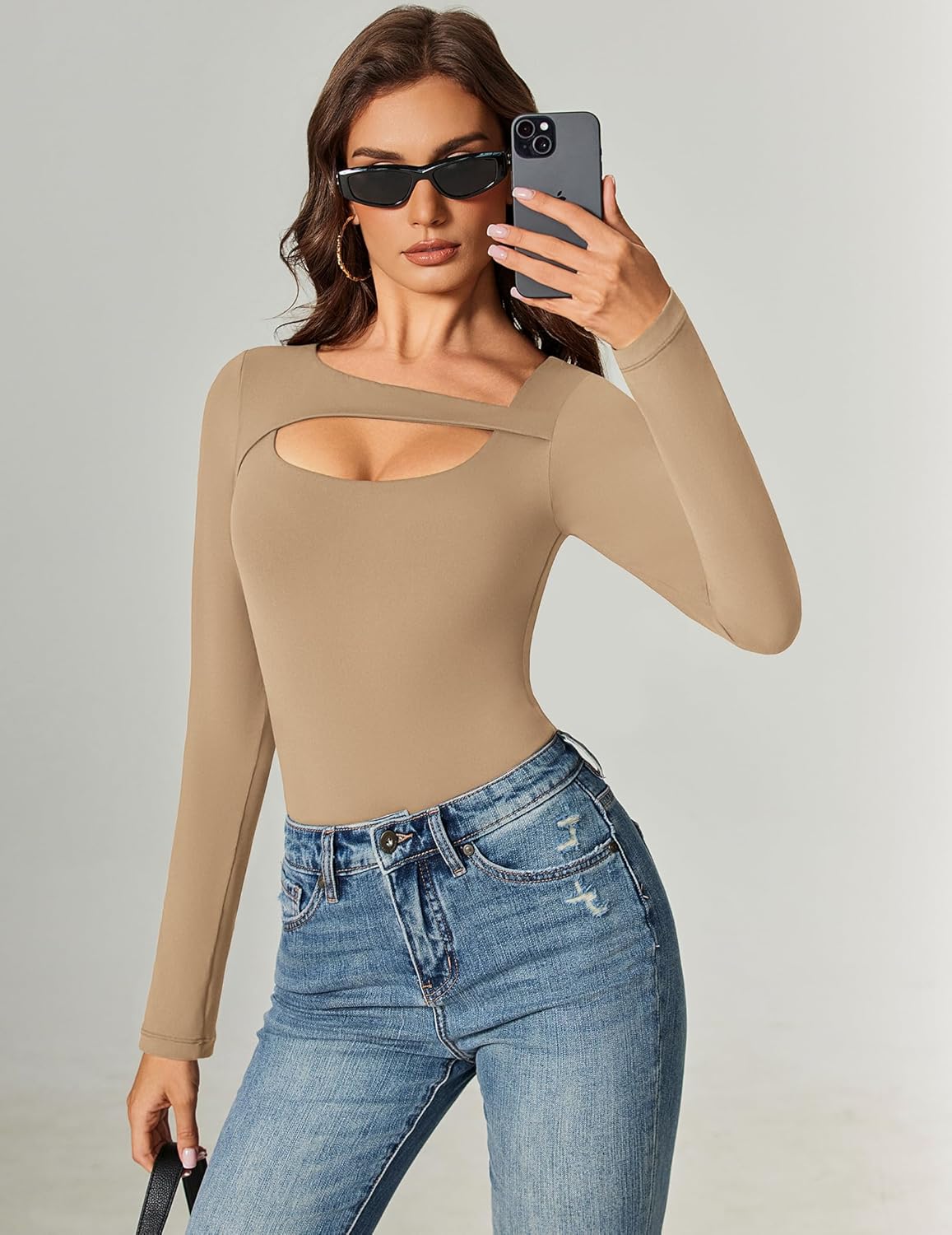 Avidlove Women Long Sleeve Bodysuit Scoop Neck Cutout Thong Body Suits Double Lined Slim Fitted Leotard Going Out Tops - Image 4