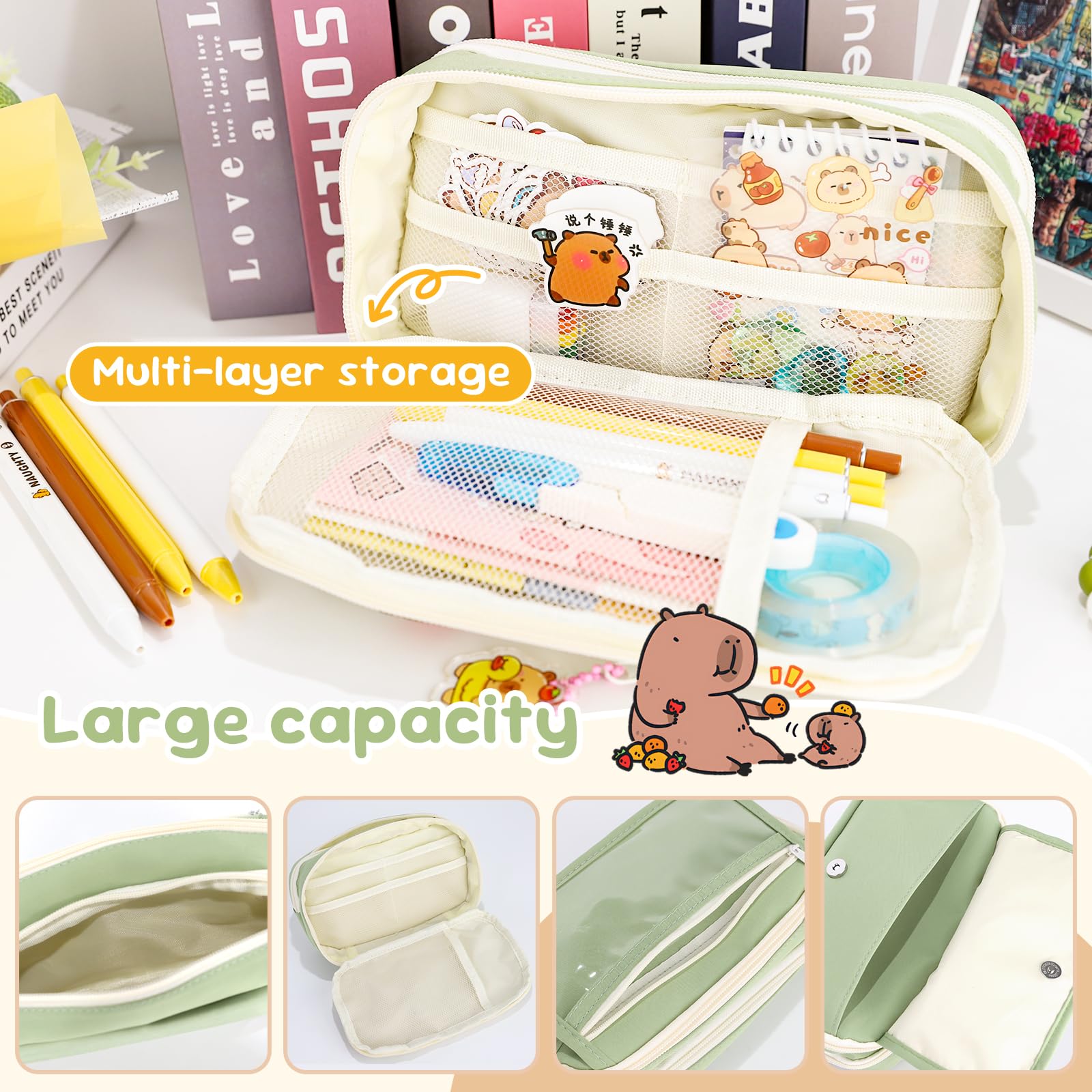 FYSL Federmäppchen mit Capybara Motiv, Großes Schlampermäppchen mit 9-Fach Organizer, Stiften, Stickern, Anhänger für Schule, College, Reisen, Capybara Geschenkset (Grün 9 Fach)