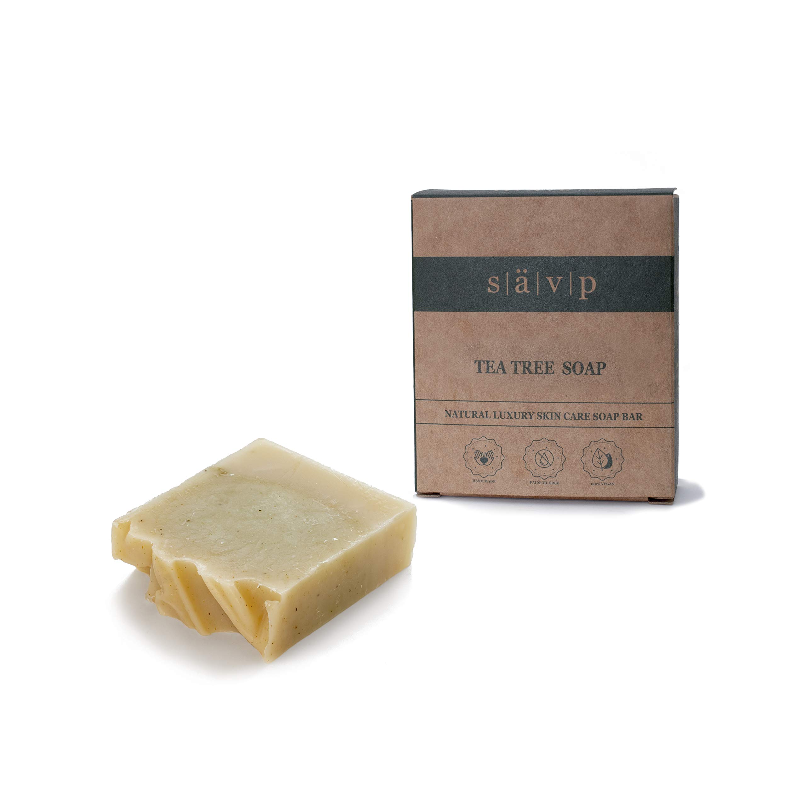 Sävp Cosmetics Tea Tree Soap Bar with Shea Butter – Natural Organic Vegan Essential Oils Bar, Anti-septic For Acne Face and Body, Palm Oil Free, Deep Cleansing and Moisturising, 100g.