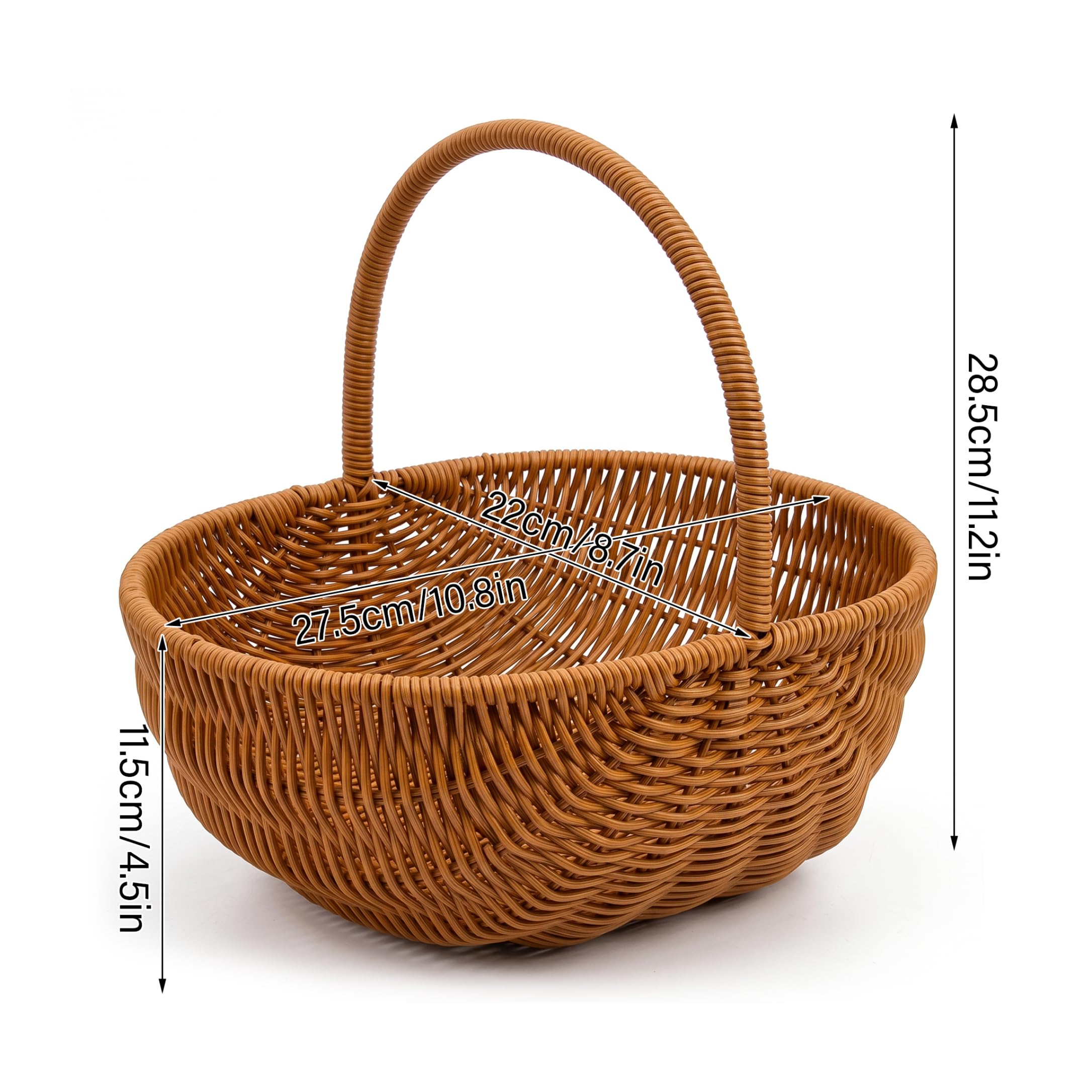 Weiden-Blumenkorb mit Griff, Weiden-Blumenkorb, handgeflochtene Kunststoff-Rattan-Körbe, braun, mittlere Größe.