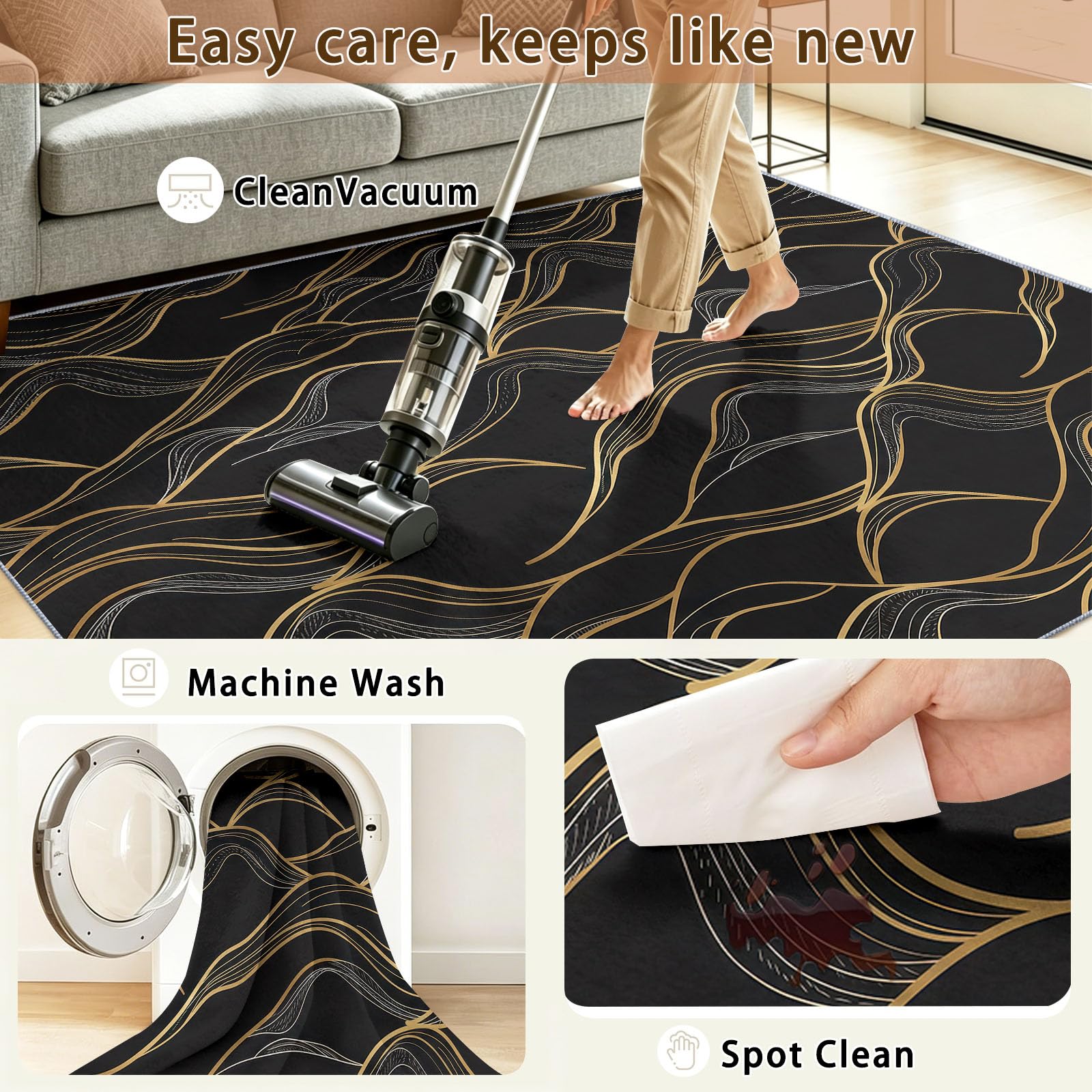 Tapis Salon Moderne Luxueux 160 x 230 cm, Montagnes Géométrique Motifs Ondulés Lignes Lavable en Machine Tapis, Noir AntidéRapant Poil Ras Moquette pour Chambre Salle a Manger Descente Bureau Cuisine