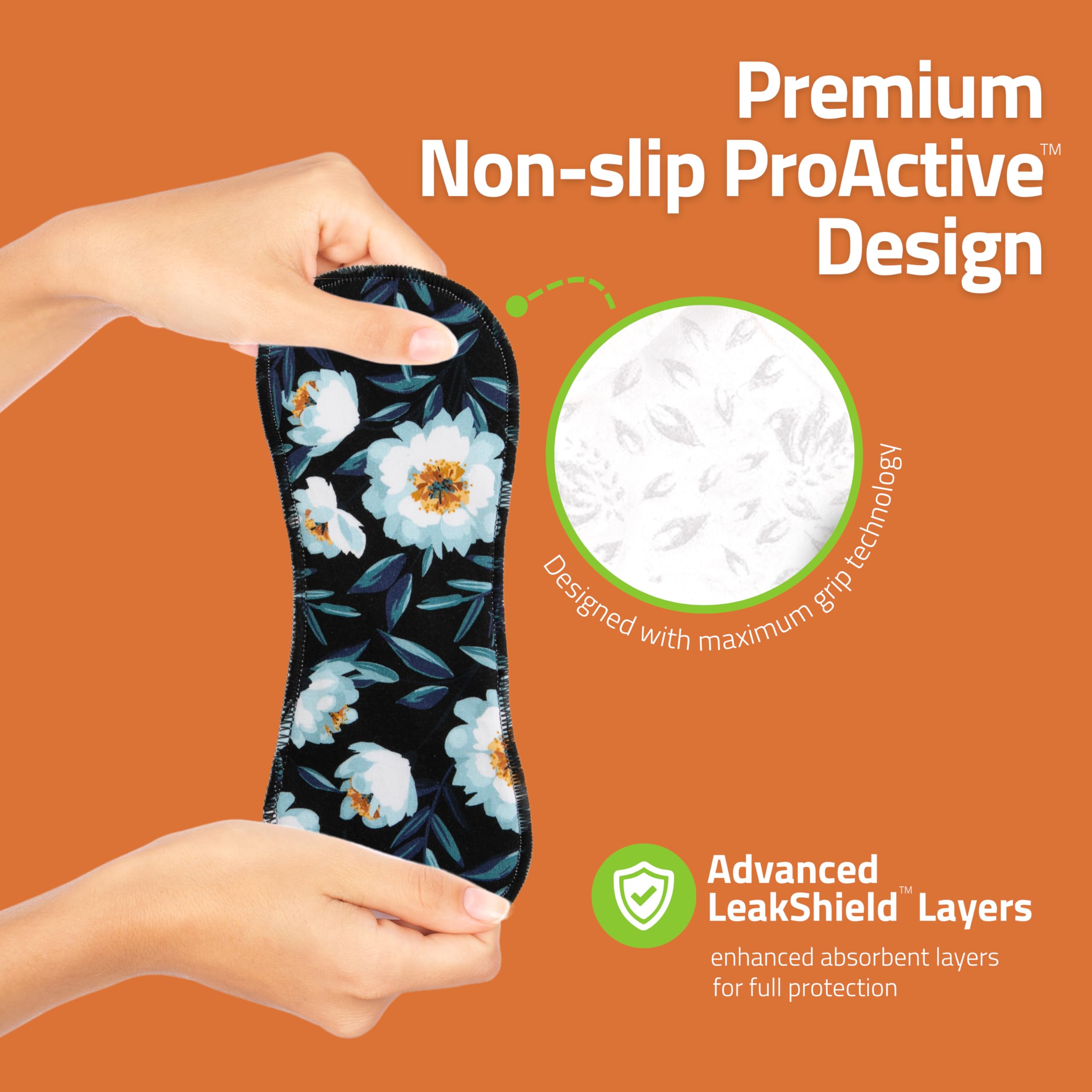 Serviettes lavables pour fuites urinaires avec imprimé antidérapant (L+XL, x6); protection réutilisable pour l'incontinence en coton bio, lavable à haute T°; absorption rapide & contrôle des odeurs