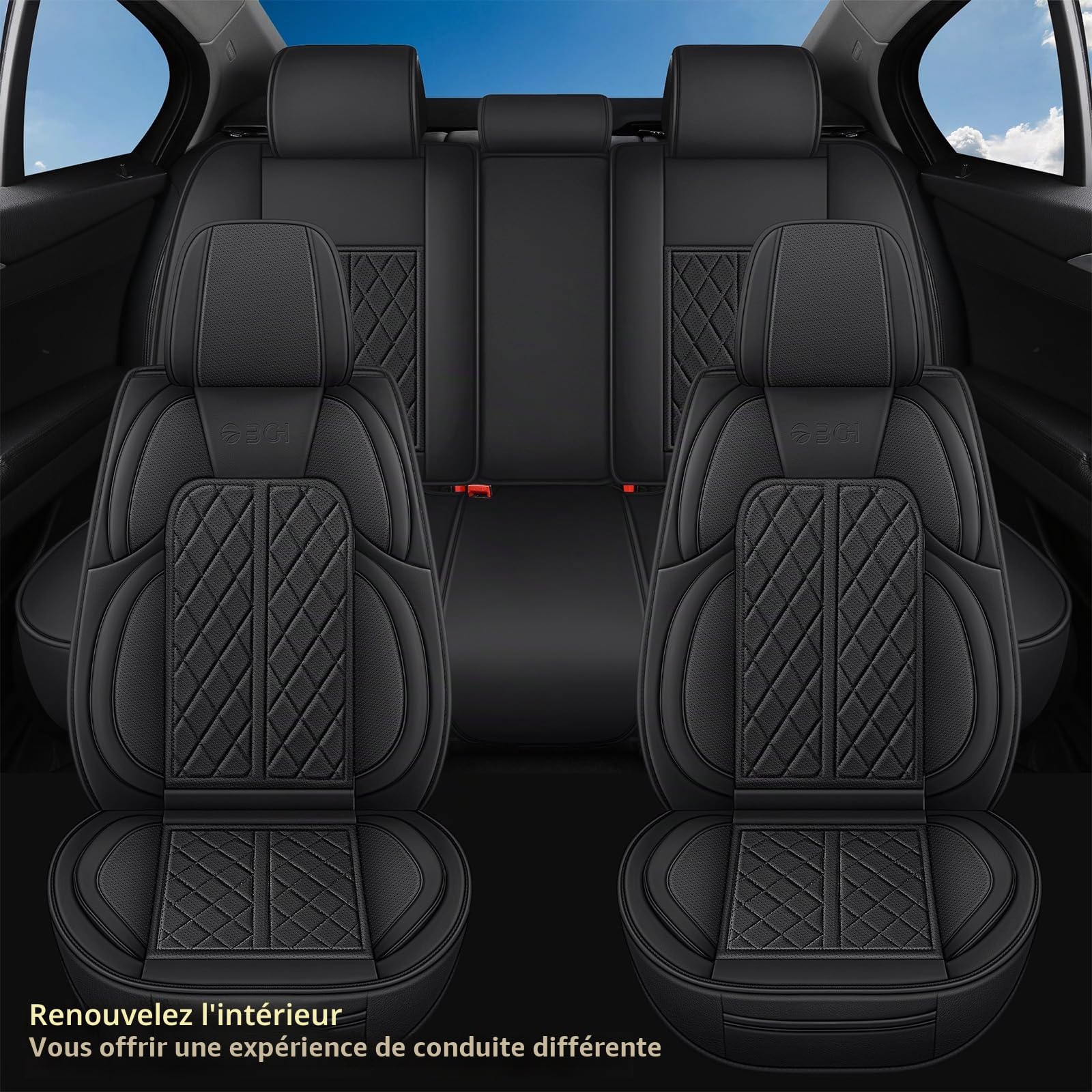 Housse de Siege Voiture Cuir Universelle pour Voitures, VUS, Berlines - Antidérapantes et Respirantes (Noir, Ensemble Complet)
