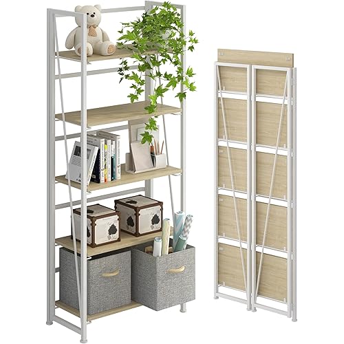 4NM No-Assembly Folding Bookshelf Storage Shelves 5 Tiers Vintage Bookcase Standing Racks Study Organizer Home Office (Natural and White)