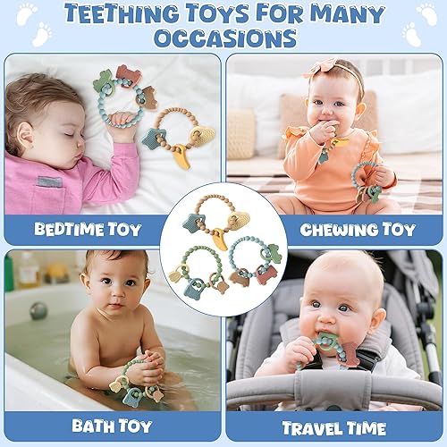 Miniatura 6 de Juguetes mordedores de silicona para bebés, 3 piezas de anillo de dentición con sonajeros, juguetes sensoriales masticables para niños y niñas