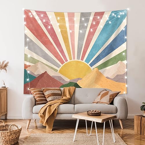 Miniatura 4 de SUOTEMEIFEI Tapiz bohemio de sol de montaña, arte simple, paisaje de puesta de sol, paisaje, abstracto, estético, decoración de pared, dormitorio,