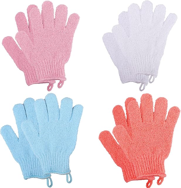 8 PCS Exfoliating Gloves, Polyester Exfoliator Mitt, Body Exfoliating Wash Glove Dead Skin Remover Shower Body Scrub Gloves for Adults and Kids, Ingrown(Blue, White, Pink, Orange