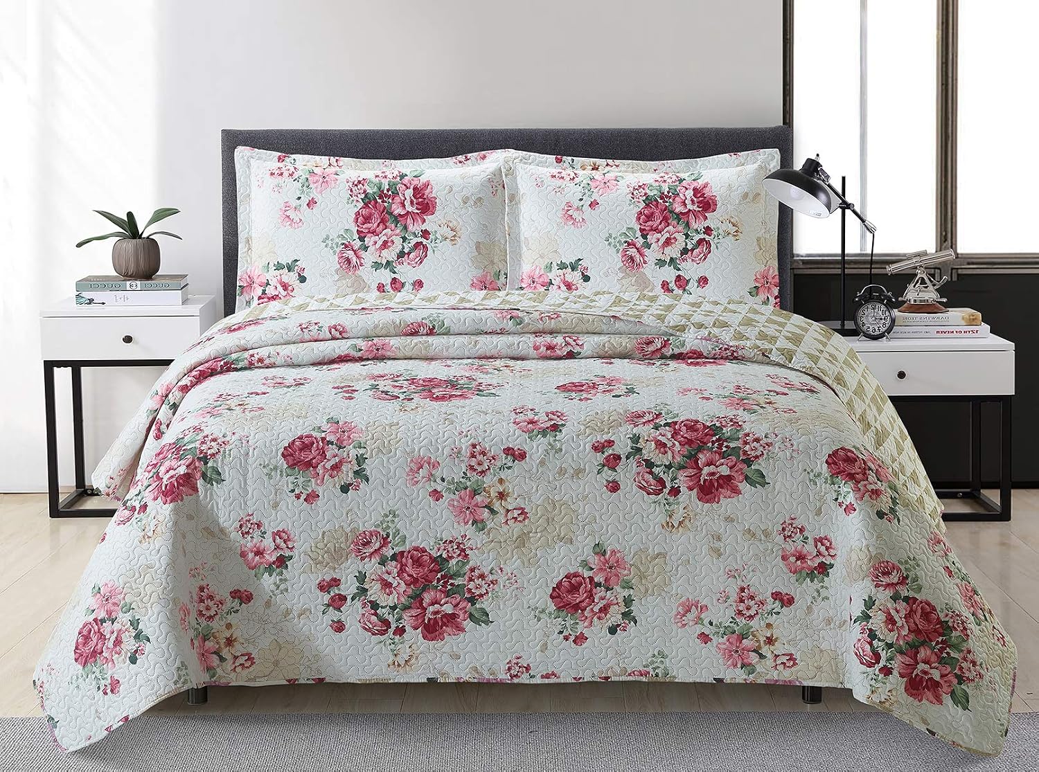 Bejimd Reversible Microfiber Quilt Set 3-Piece Full/Queen Size - Printed, Lightweight & Hypoallergenic All-Season Ultrasonic Bedspread Coverlet Set (Included 1 Quilt, 2 Shams)