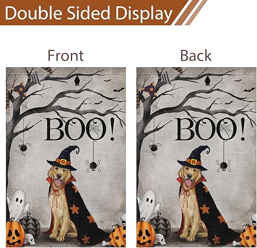 Miniatura 6 de Bandera de jardín de perro Golden Retriever de Halloween de 28 x 40 pulgadas, arpillera de doble cara, fantasma, rústico, decoración de granja,