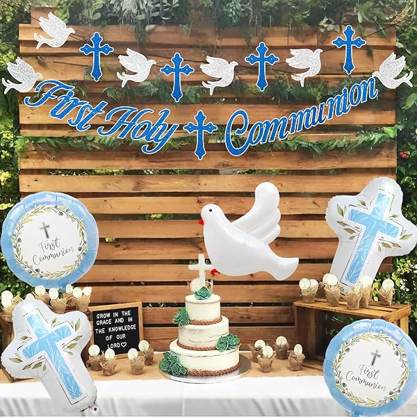 First Holy Communion Decorations Blue Set Communion Banner Communion Foil Balloons Dove Cross Party Supplies Boys Girls First Communion Decorations Confirmation Decorations Church Party Backdrop Kit - 2