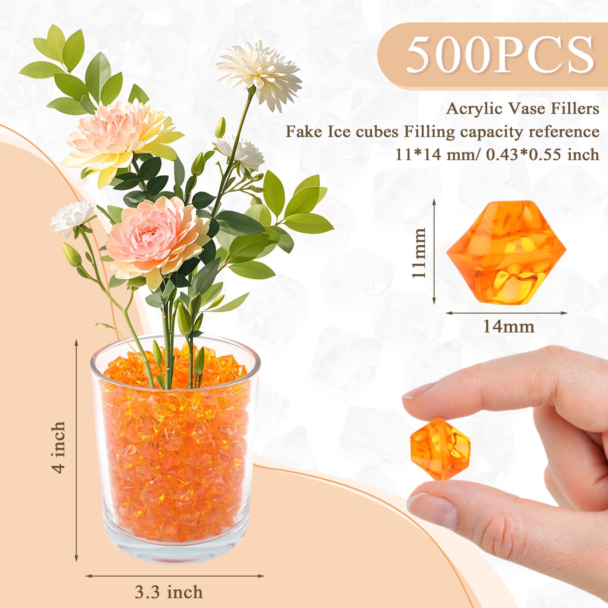 MAIBAOTA 500 PCS Orange Fake Ice Cubes 11x14 mm Vase Fillers Acrylic Crushed Ice Rocks Plastic Diamonds Gems Decorative Stones for Wedding Party Table Decorations and DIY Crafting - Image 4