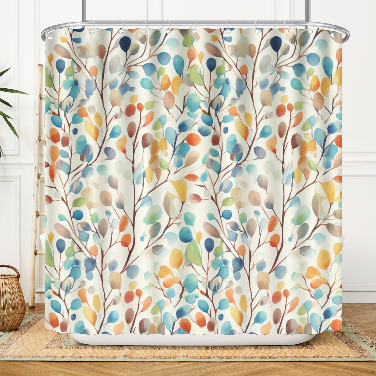 Boho Floral Shower Curtain 72x72 Inches, Colorful Leaves Yellow Bohemian Waterproof Fabric Bath Curtains Liner Set with Hooks,Seasonal Farmhouse Bathroom Bathtub Decor