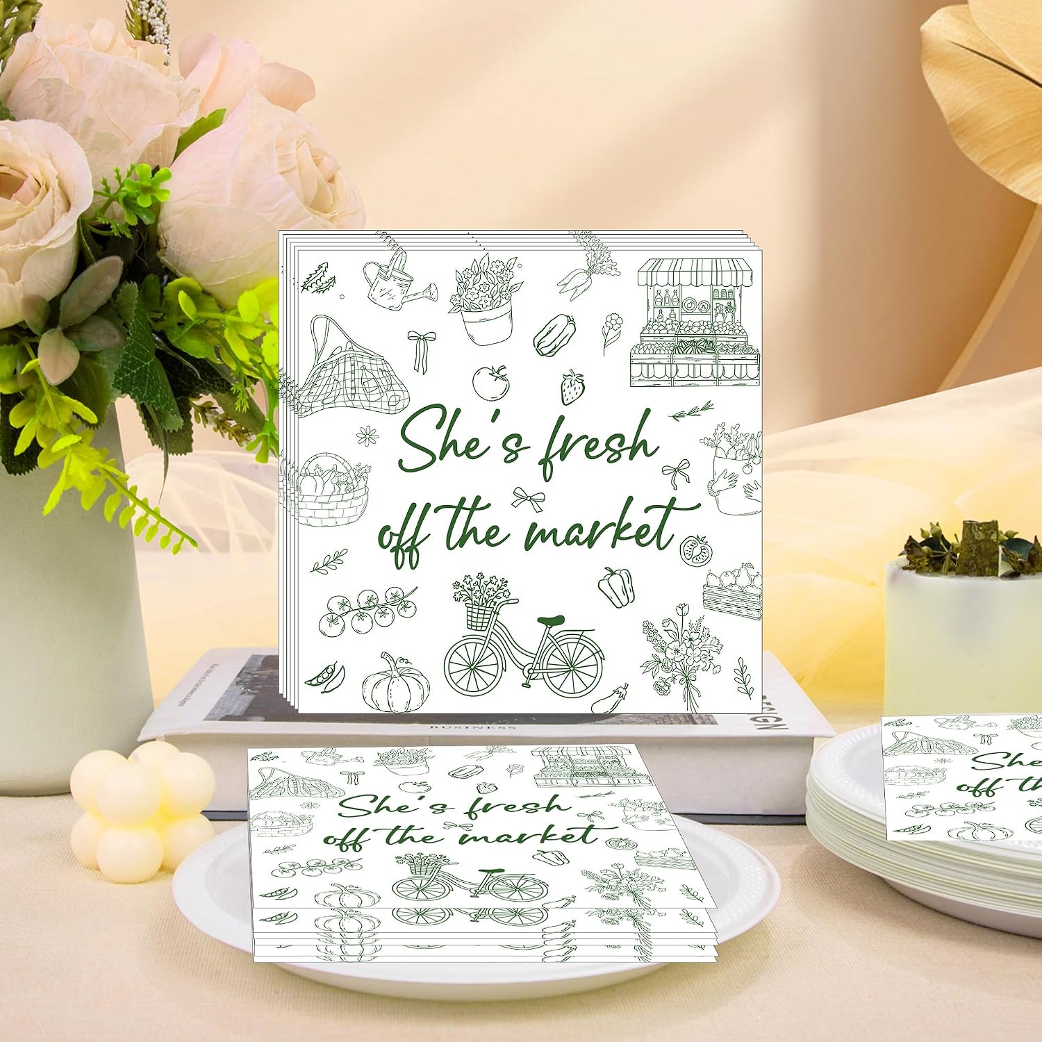 50Pcs She's Fresh off The Market Bridal Shower Napkins, Disposable Wildflower Fruits Vegetables Paper Napkins for Farmers Market Engagement Wedding Bachelorette Party Decorations