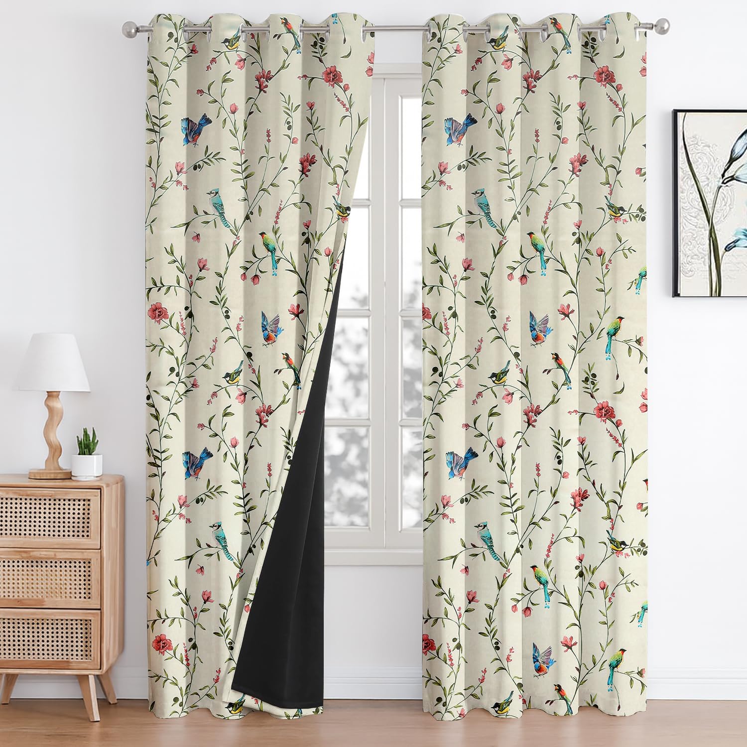 Cloth Fusion Printed 100% Blackout Door Curtains 8 Feet Long Set of 2, Room Darkening Parda with Stainless Steel Grommets for Home Decor (8x4.5 Feet, White Forest)