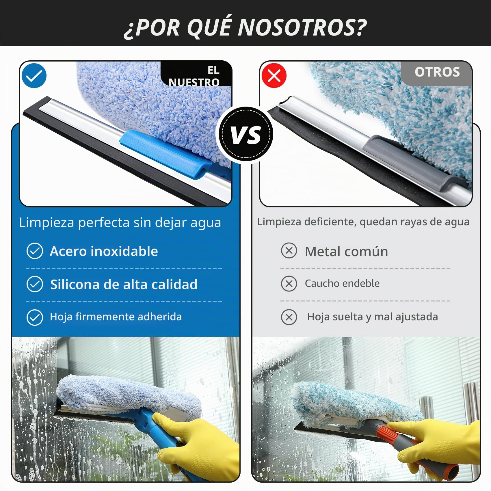 VITEVER Herramienta Profesional para Limpiar Ventanas con Barra de extensión, escobilla de Ventana 2 en 1 con Kit de Limpieza
