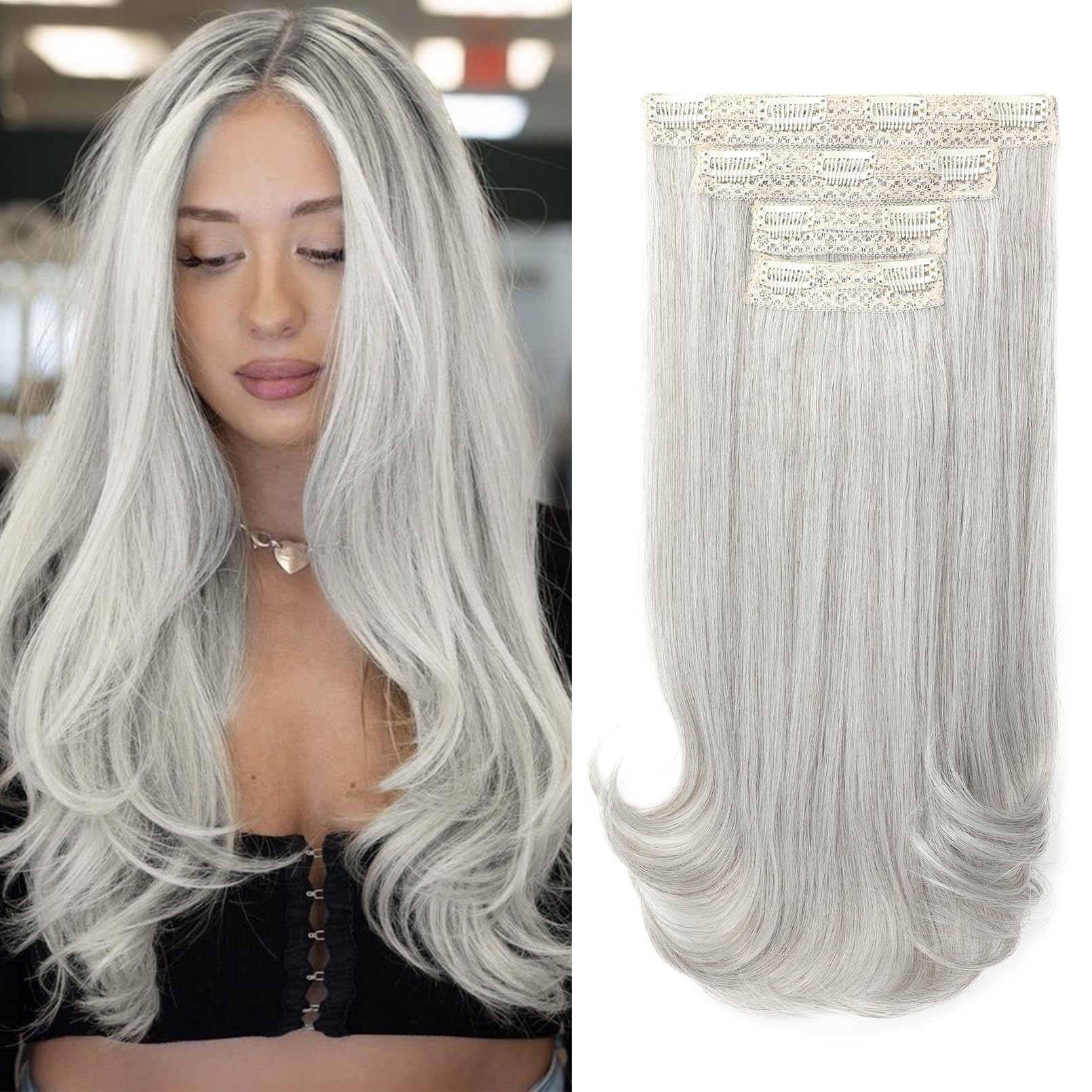 REECHO Clip-in Extensions - 4PC Hair Extensions Clip in Haarverlängerungen 40 cm, Layer-Cut, natürlich aussehende Haarteile mit unsichtbarem weichem Tressenband - Silber-Grau