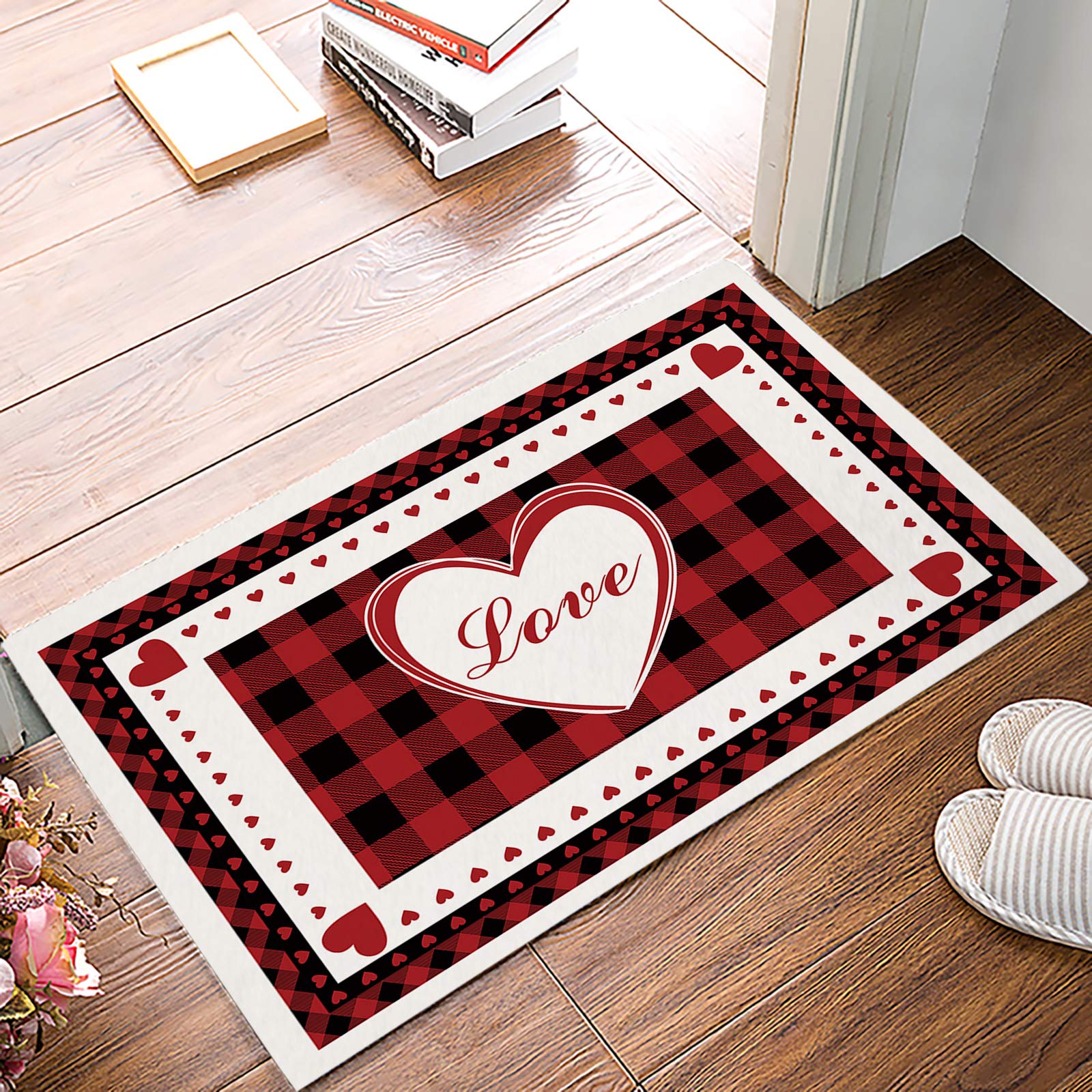 Valentine's Day Indoor Doormat, Front Back Door Mat with Non Slip Rubber, Absorbent Entrance Doormats Inside Floor Mats for Bedroom Kitchen 20x31.5 inch, Love Heart Sweet Romance Red Plaid