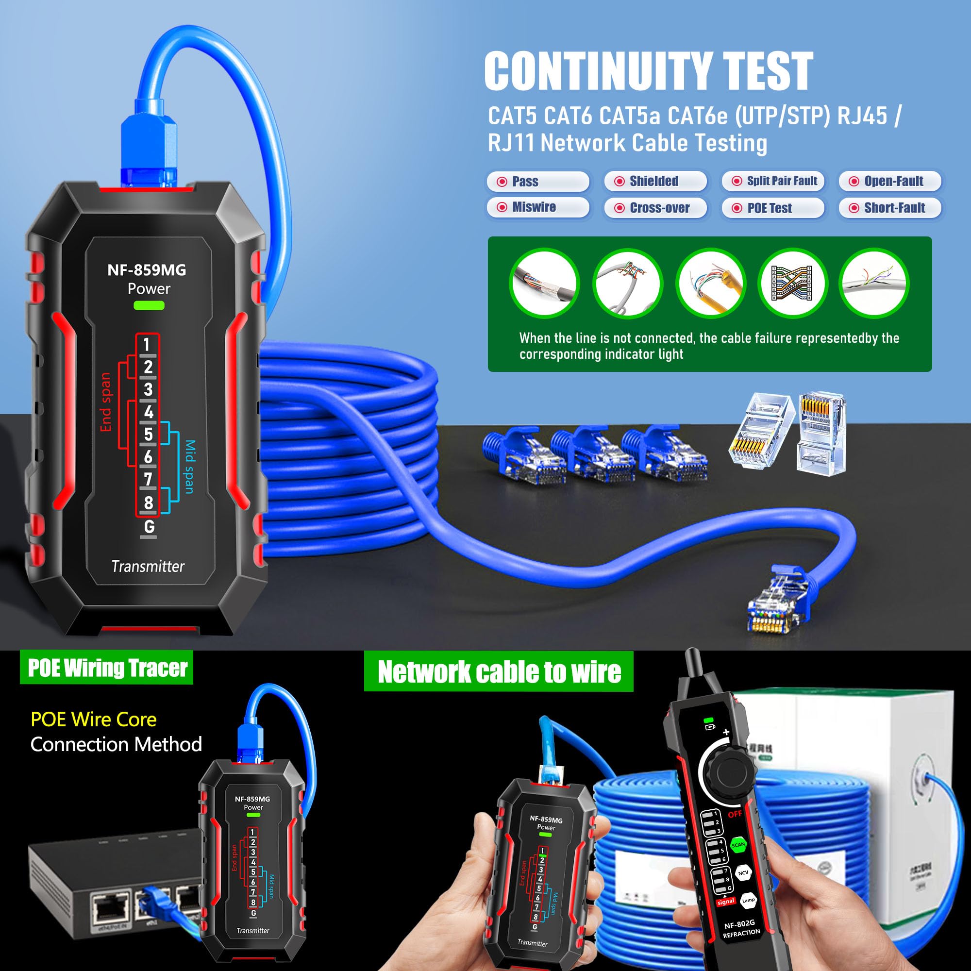 Testeur de câble Ethernet, testeur de câble réseau, RJ45/RJ11/Cat5/Cat6