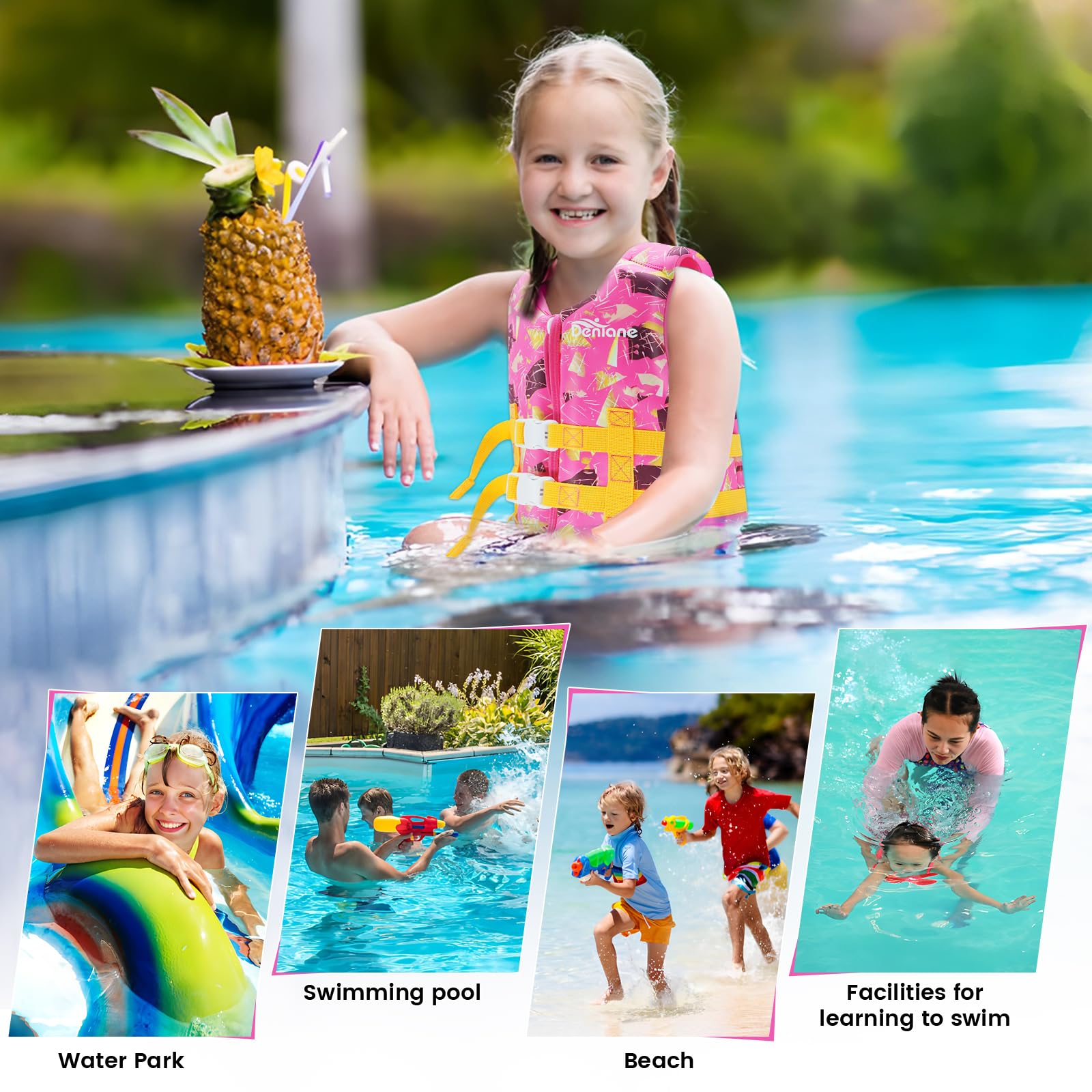Giubbotto da nuoto per bambini in neoprene, costume da bagno per ragazzi e ragazze, costume da bagno per l'allenamento al nuoto con cinghie di sicurezza regolabili - Rosa S(1-3 anni)