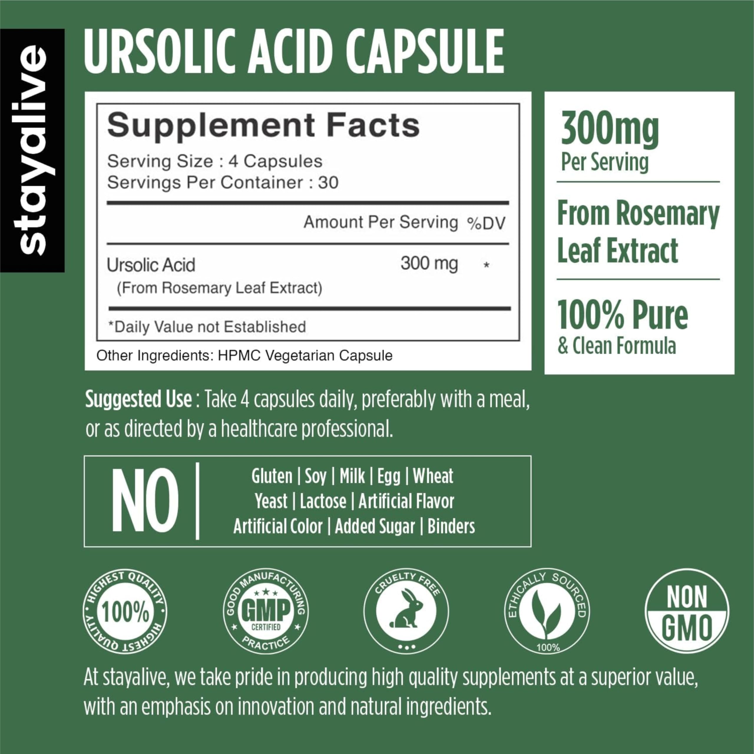 STAY ALIVE Ursolic Acid Supplement for Men & Women 300mg, 120 Pills, Rosemary Leaf Extract Powder, Non-GMO and Gluten-Free Pure Ursolic Acid Capsules