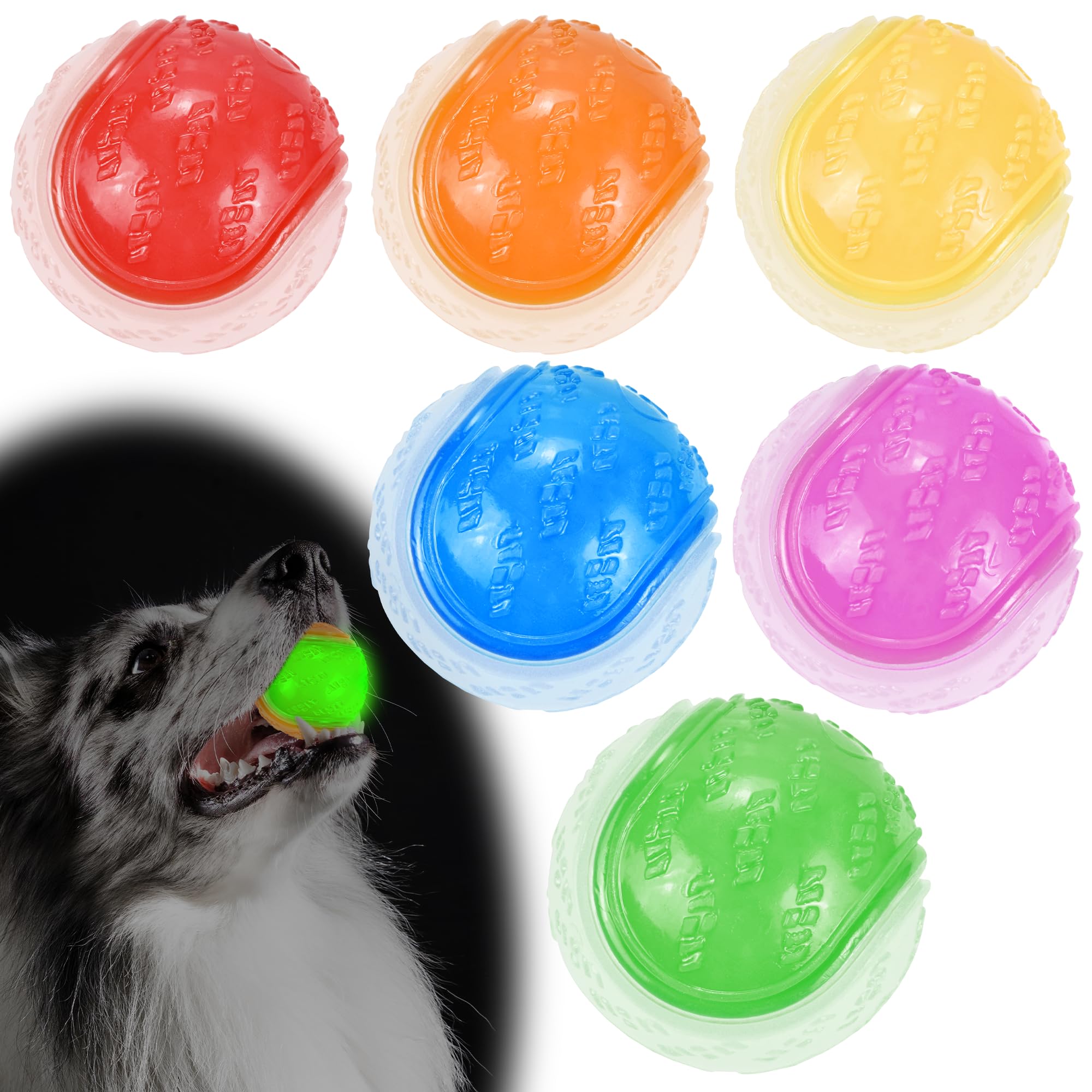 LECHONG Glow Dog Ball, 2.5” Squeaky Dog Toy Ball, Dog Rubber Ball Toys for Small and Medium Dogs, Durable Dog Fetch Toys Puppy Chew Toys Pack of 6