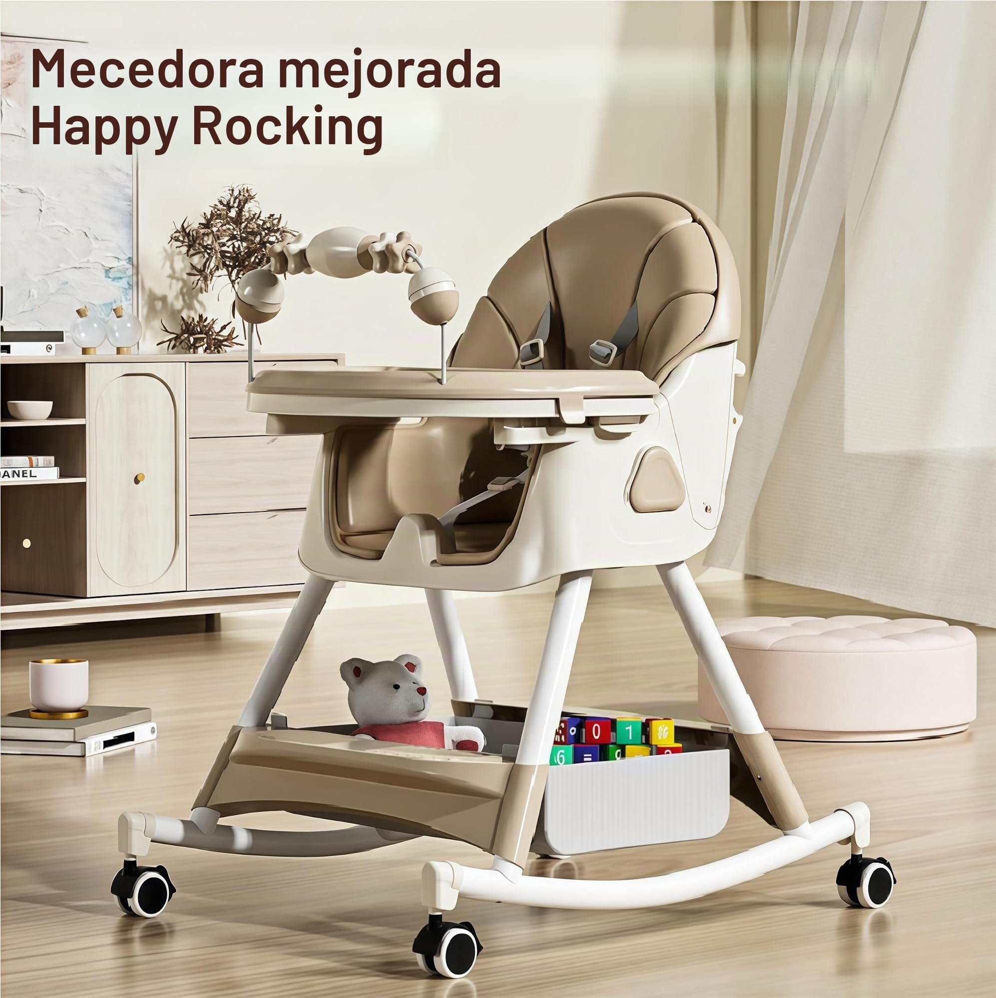Plegable Cuero PU Tronas de Bebe con Función de Caballo Balancín, Altura Ajustable y 4 Posiciones Reclinables, Silla de Alimentación Convertible con Bandejas y Ruedas Desmontables (Gris)