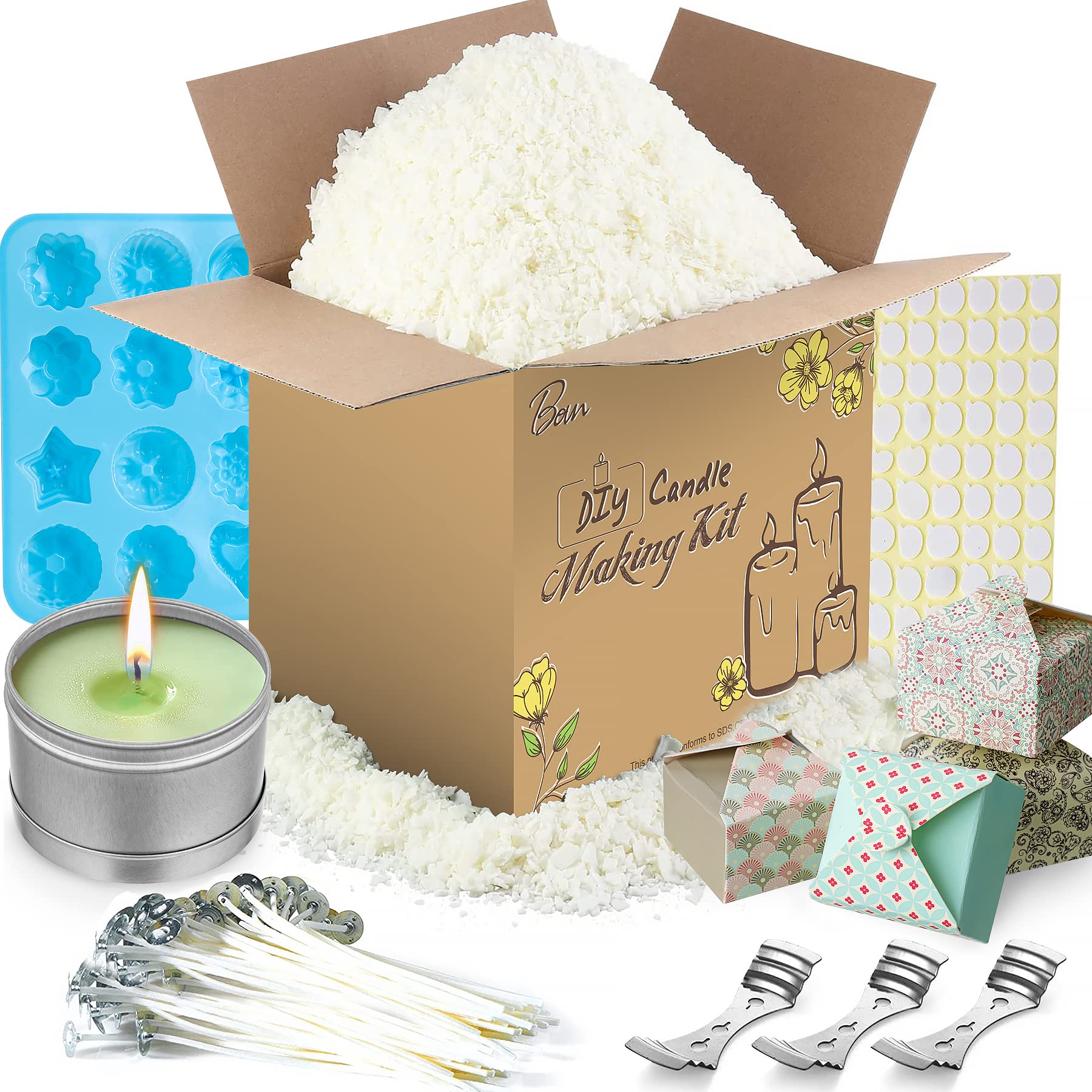 BEYAOBN Kit Complet Fabrication De Bougies DIY - Cire De Soja, 8 Boîtes, 50 Mèches - Coffret Cadeau Créatif