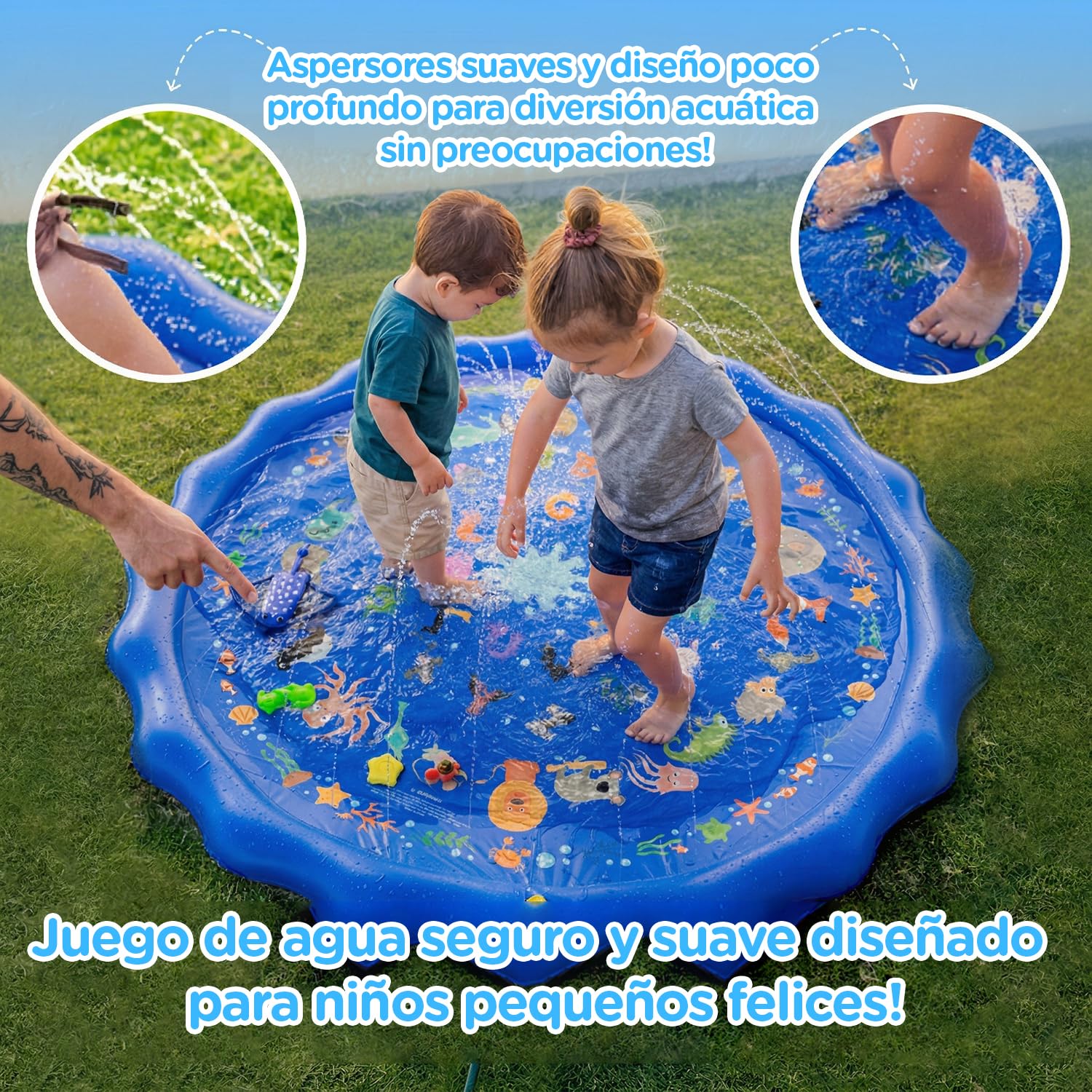 KiddoSpace Splash Pad para niños: alfombra acuática antideslizante para exteriores con diseños educativos, divertida actividad de verano en el jardín para bebés y niños, incluye kit de reparación y ta