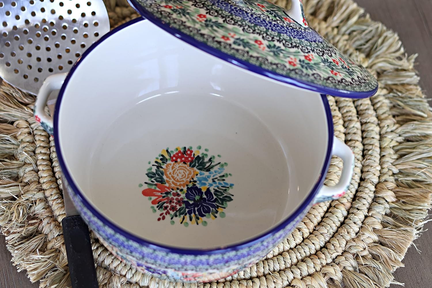 Blue Rose Polish Pottery - Blue Summer Blooms Covered Round Baker - 2 QT - Unique, Dishwasher Safe, & Durable Bakeware