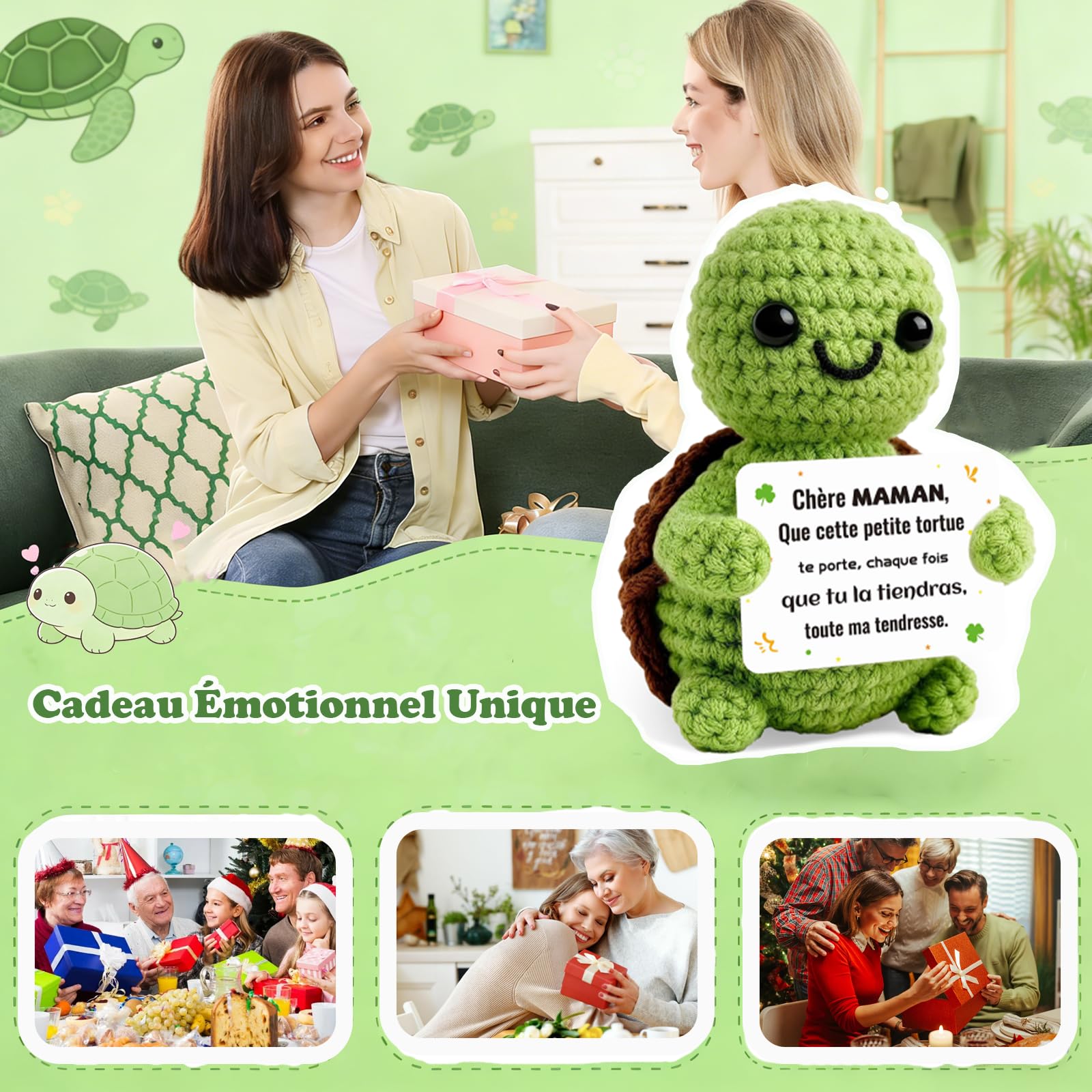 Set Cadeau Maman : Tortue Poupée Positive en Crochet avec Porte Clef Câlin de Poche, Tortue Peluche Positive en Français, Cadeau Mère Original pour Anniversaire, Fête des Mères (Mama) - 4