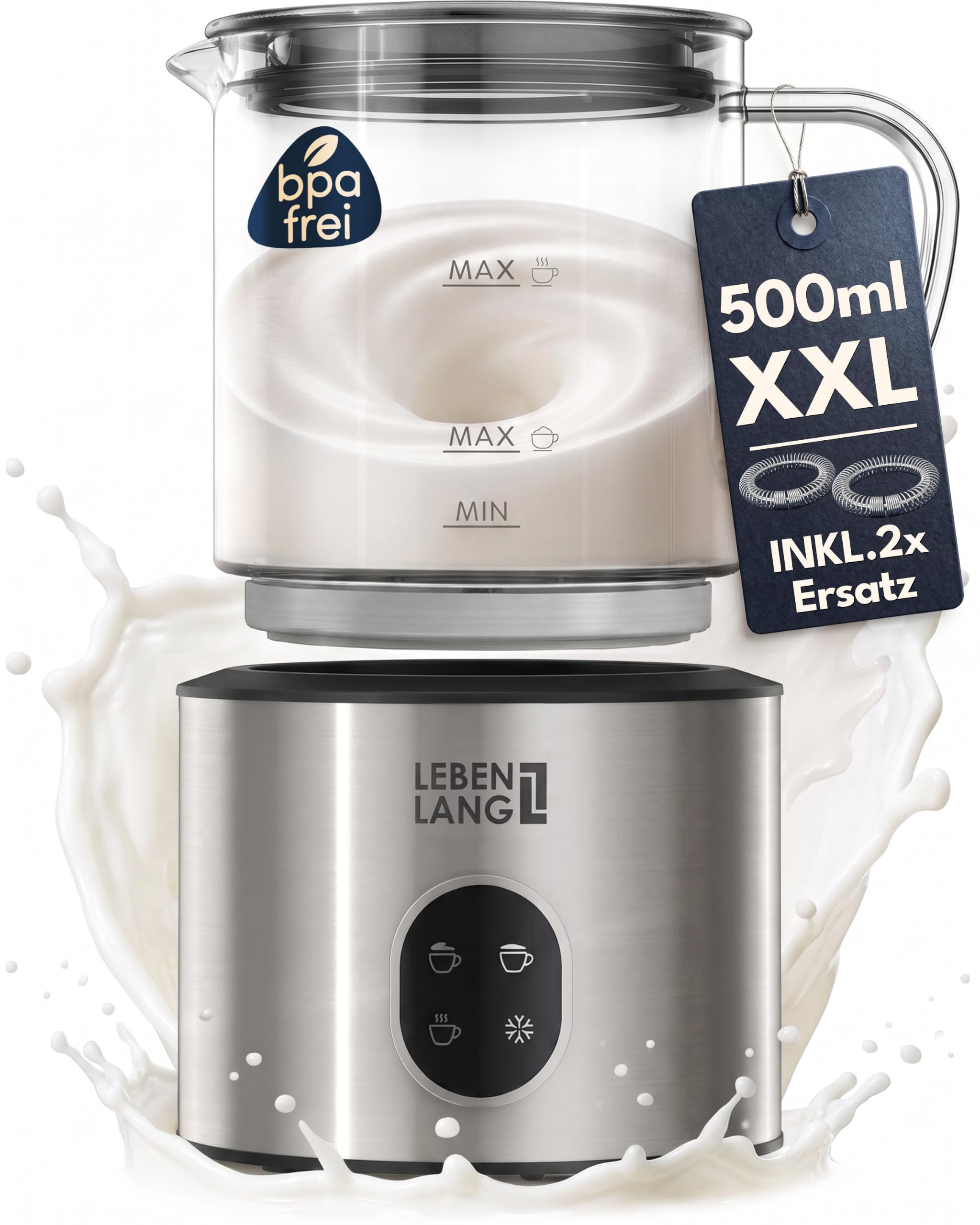 LEBENLANG Milchaufschäumer Glas - 100% BPA-Frei, XXL 500ml & 600W I Abnehmbarer Behälter Spülmaschinenfest Inkl. 2x Ersatzschäumer I Elektrischer Milchaufschäumer elektrisch Milchschäumer elektrisch