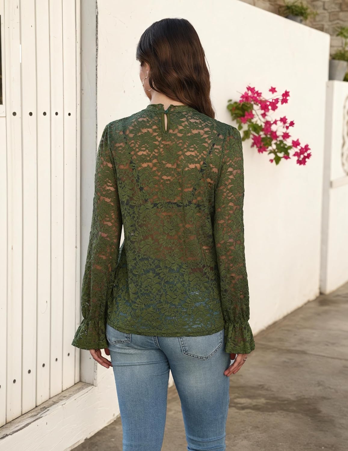 Womens Lace Long Sleeve Tops Dressy Casual Mock Neck Blouses Floral Elegant Sheer Shirts Date Night Outfits - Image 6