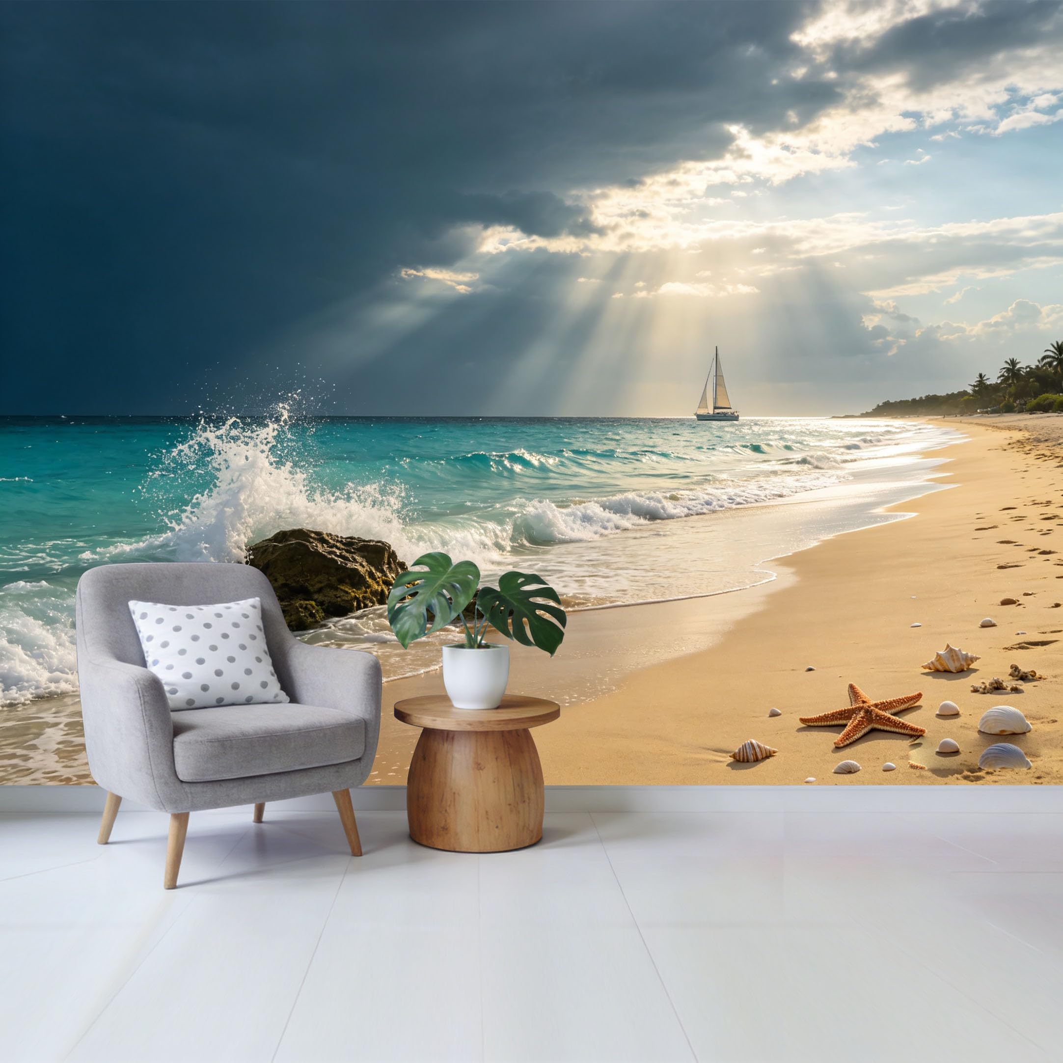 Qzlithotic Yq2605250408 Custom Size Wall Mural Coastal Sailboat Sunbeam Ocean Waves Starfish Textured Selfadhesive Wall Fabric Removable Wallpaper For Home Office Decor