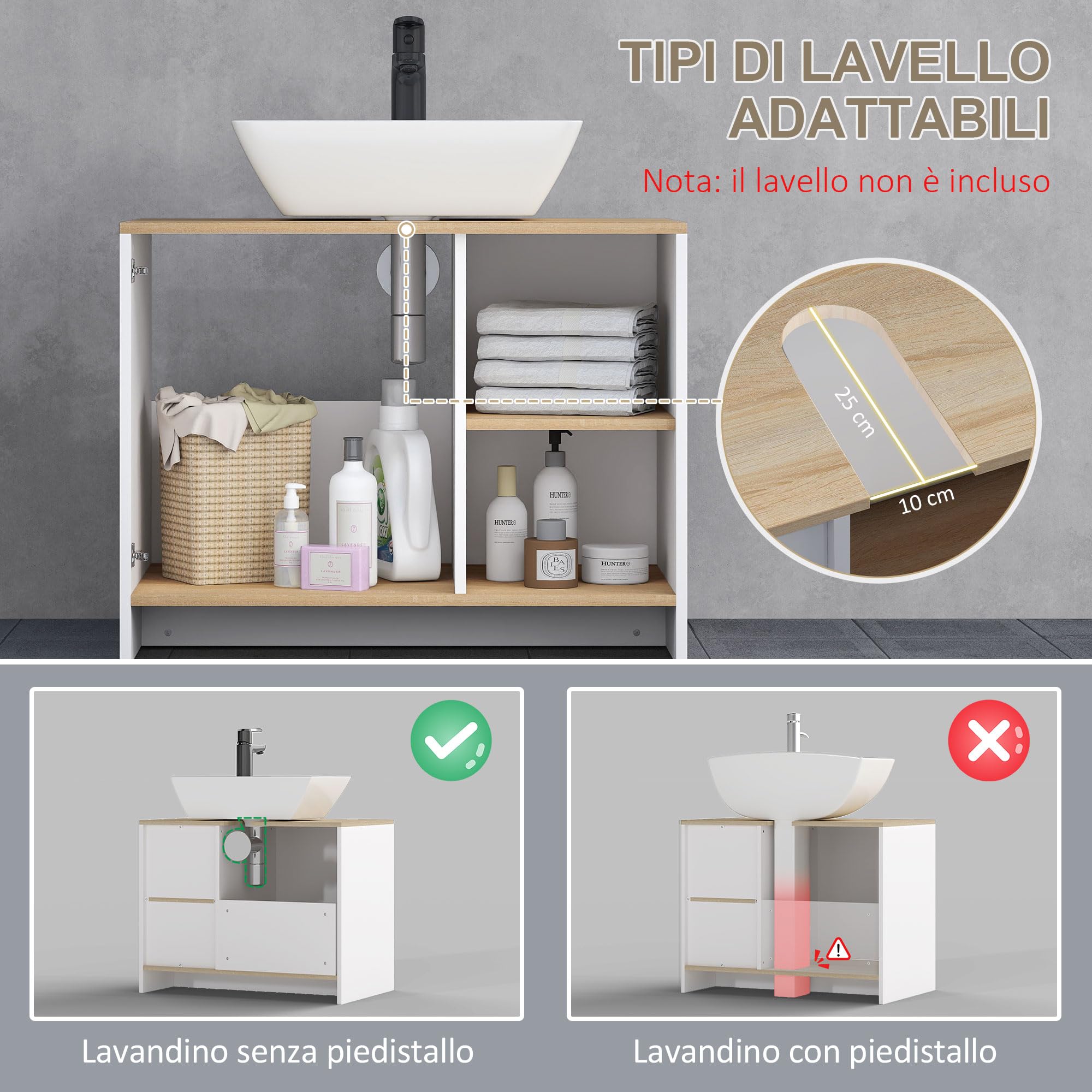 kleankin Mobile Bagno Sottolavabo 77 x 45 x 60cm Bianco e Color Legno | con Armadietto, 2 Mensole, in Legno Truciolare