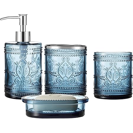 Amazon.com: 4PCs Heavy Weight Decent Blue Glass Bathroom Accessories ...