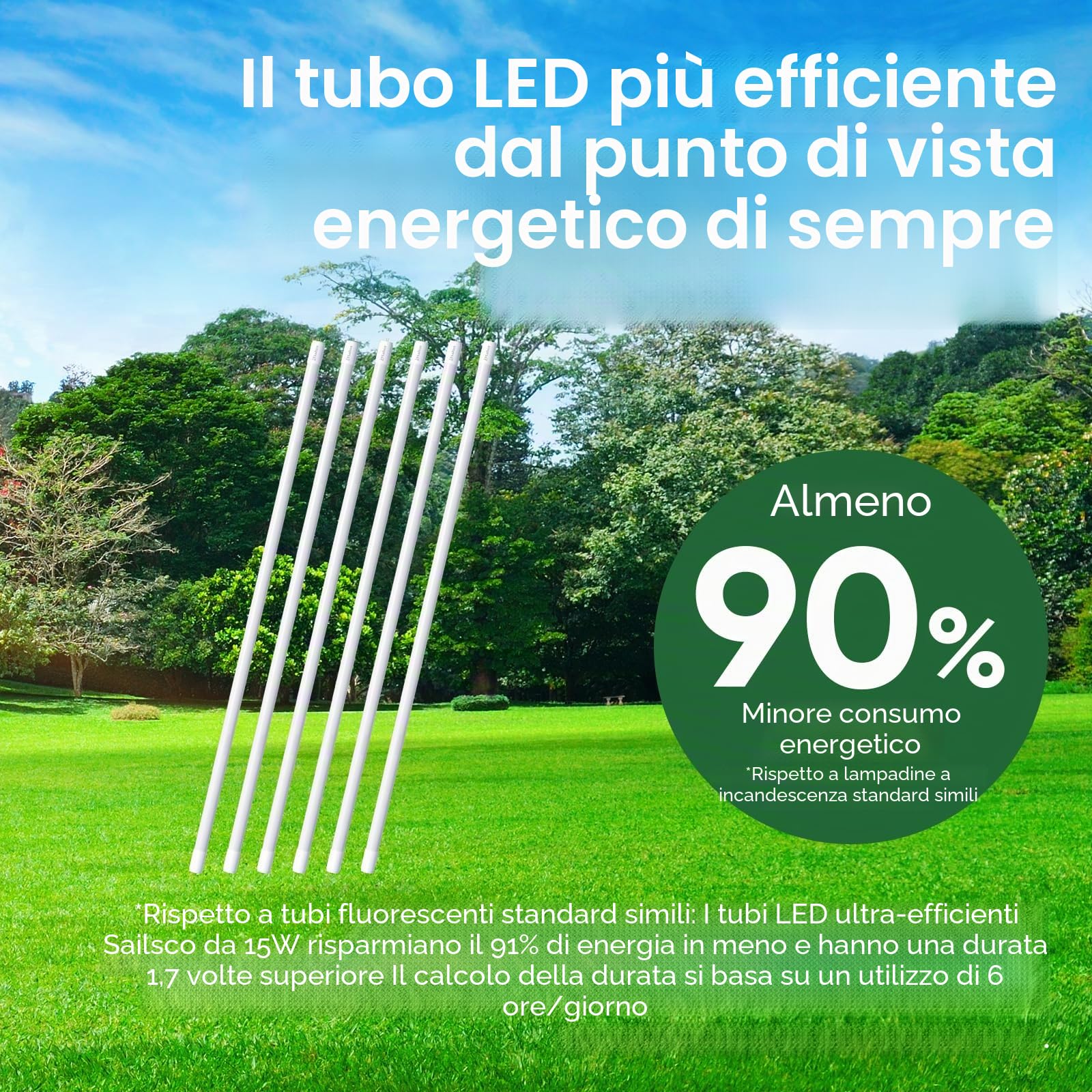 Light LED Tube T8, 120cm, 15W 2800LM, bianco neutro 4000K, incluso starter, non dimmerabile, set di 6