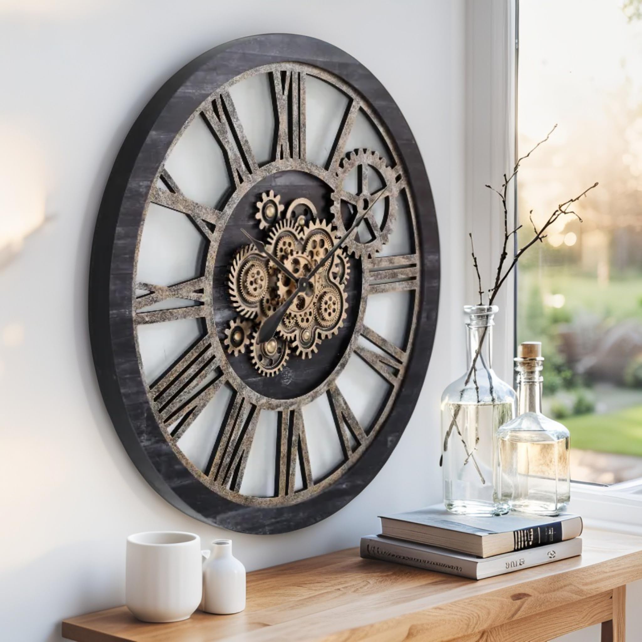 The Gears Clock - Orologio da parete con ingranaggi mobili, stile vintage, industriale, grande, rustico, stile vintage, in legno nero e bronzo