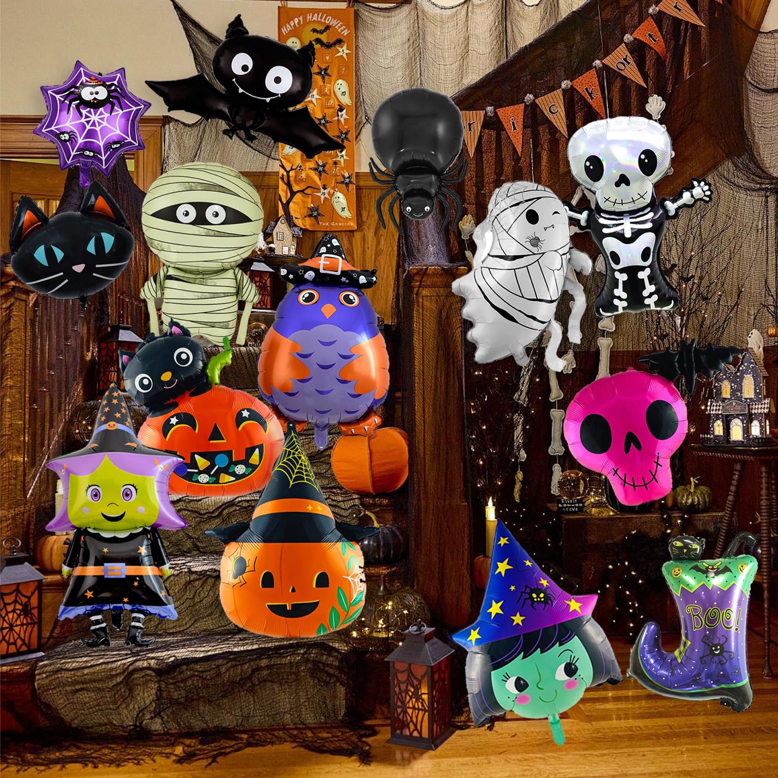 AYNKH 15PCS Oversized Halloween Foil Balloons, Pumpkin, Spider, Bat, Witch, Skeleton, Ghost Halloween Foil Balloons Set - Image 4