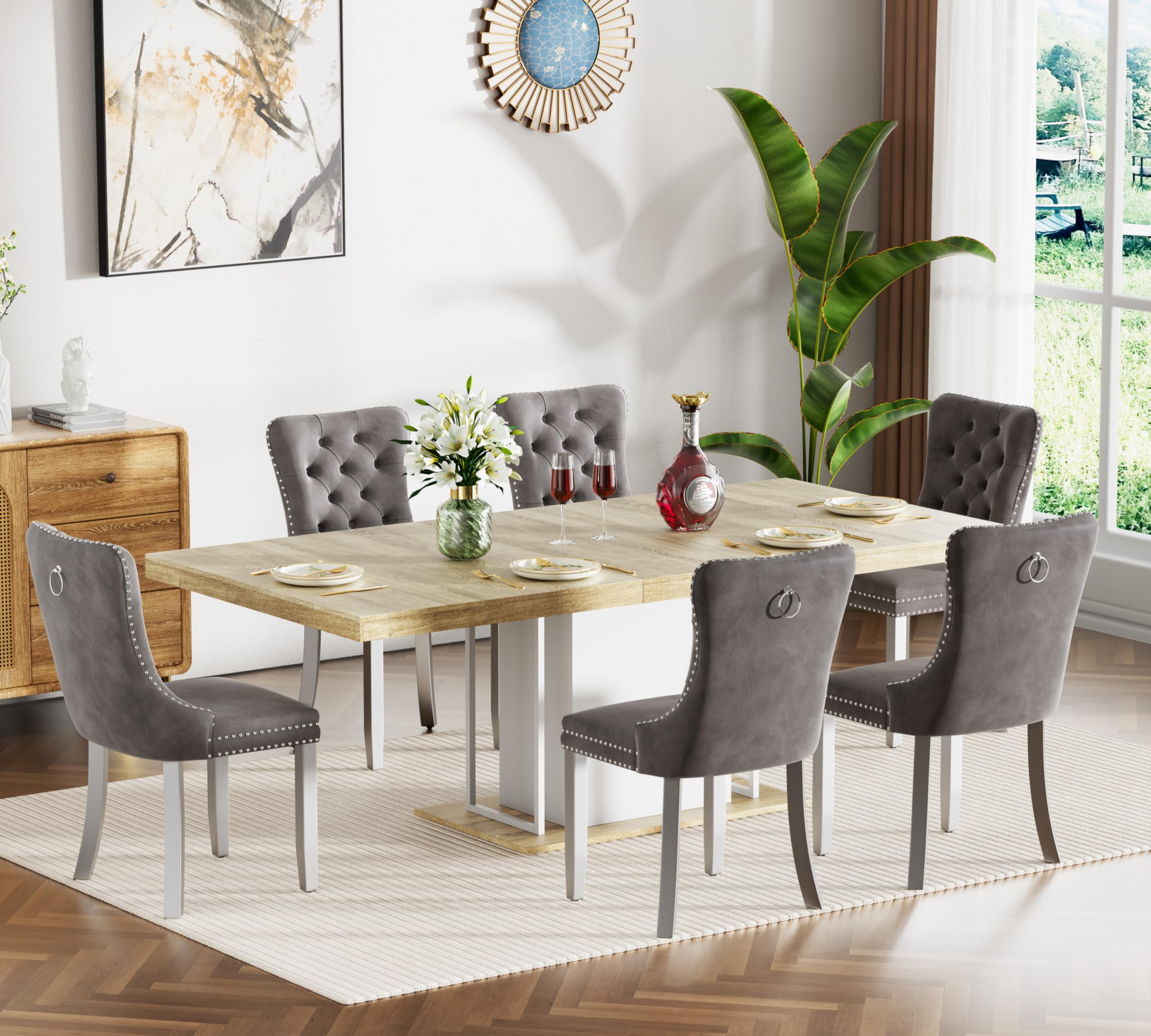 HomVent 63-78.7 inch Extendable Dining Table Set for 4-10 Person, 7 Piece Dining Room Table Sets with Chairs, Wood Rectangle Space Saving Expandable