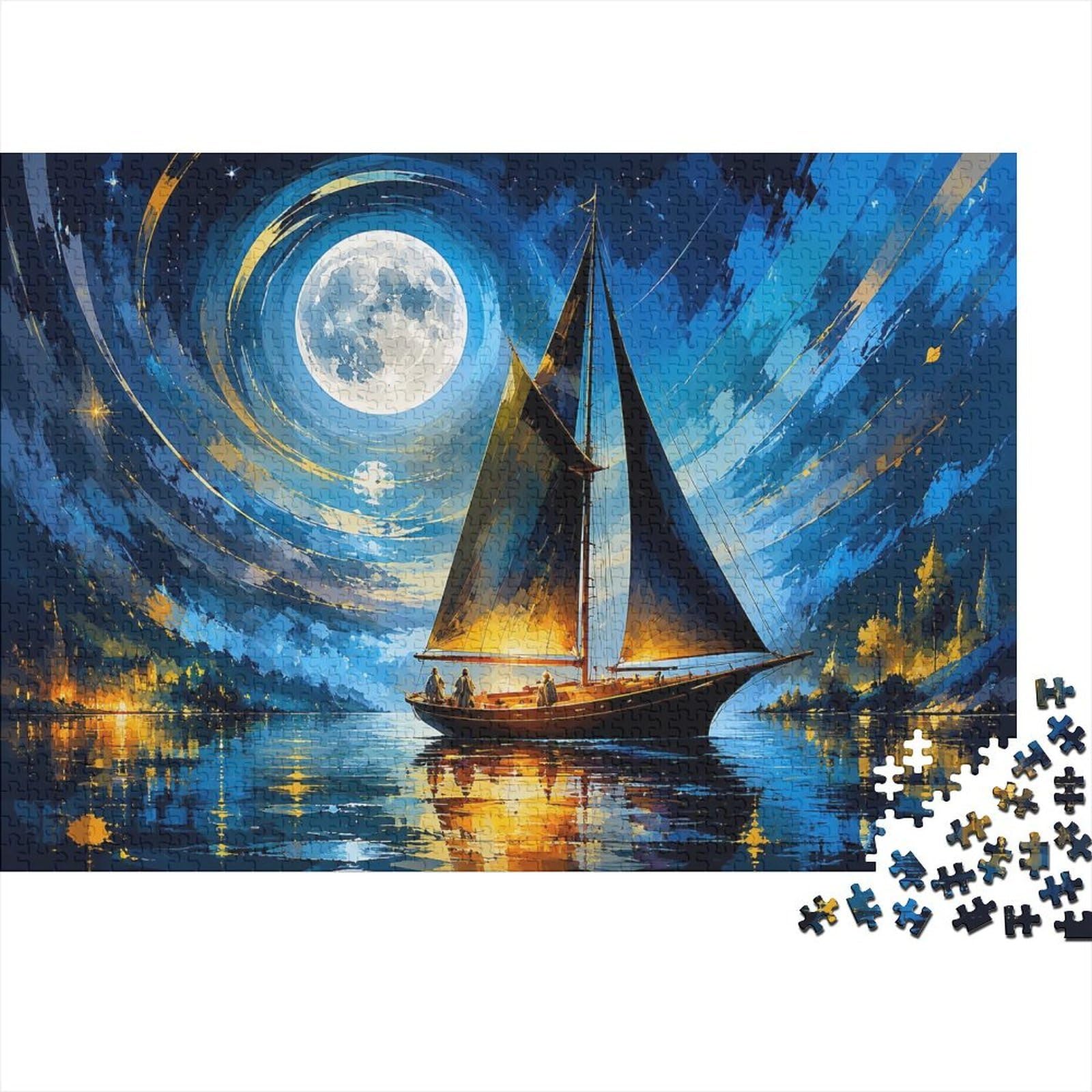 1000 Pieces Mini Jigsaw Puzzle Sailboat Moonlight for Adults