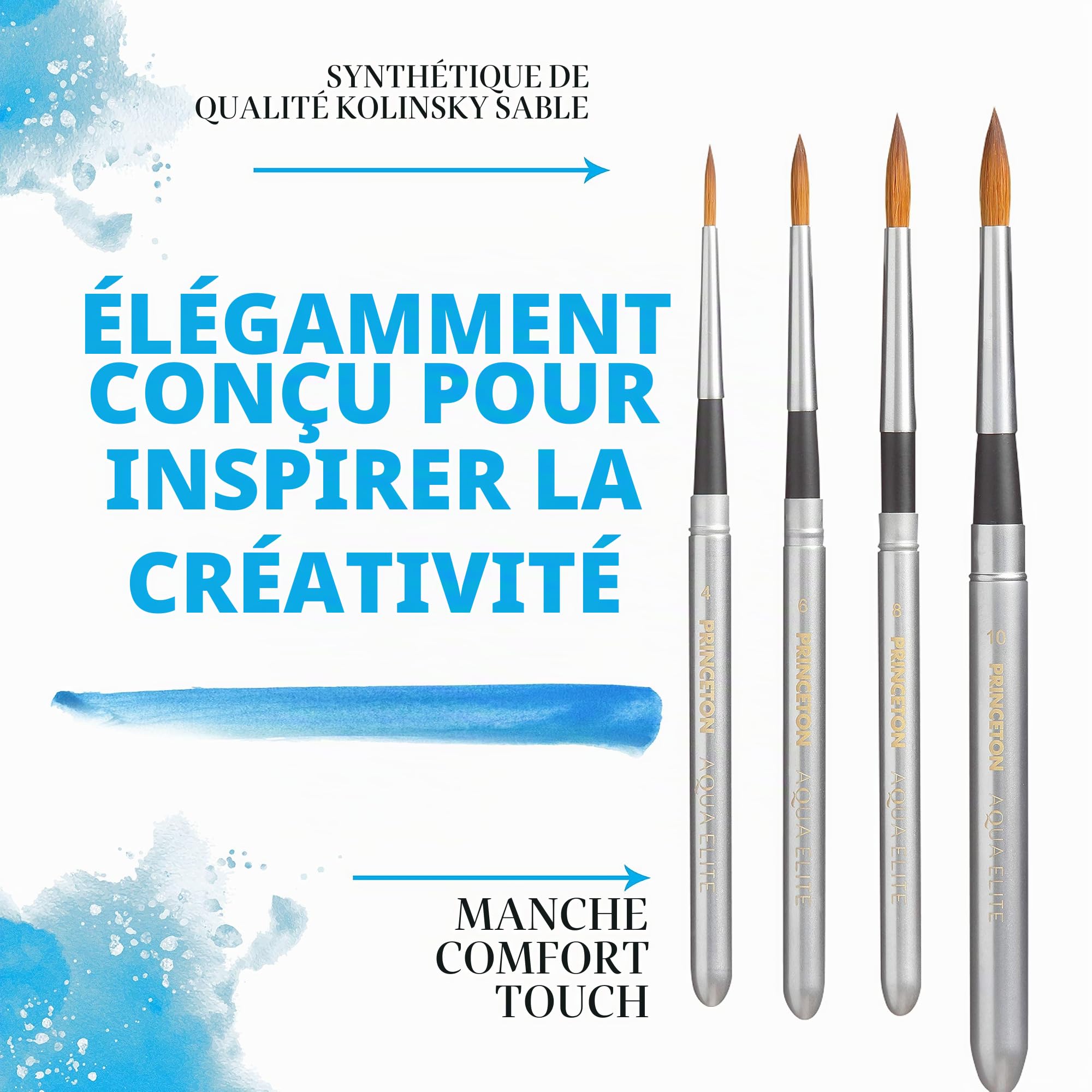 Princeton Aqua Elite - Set de Voyage - 4 pinceaux synthétiques Manche Court pour l'aquarelle séries P4850