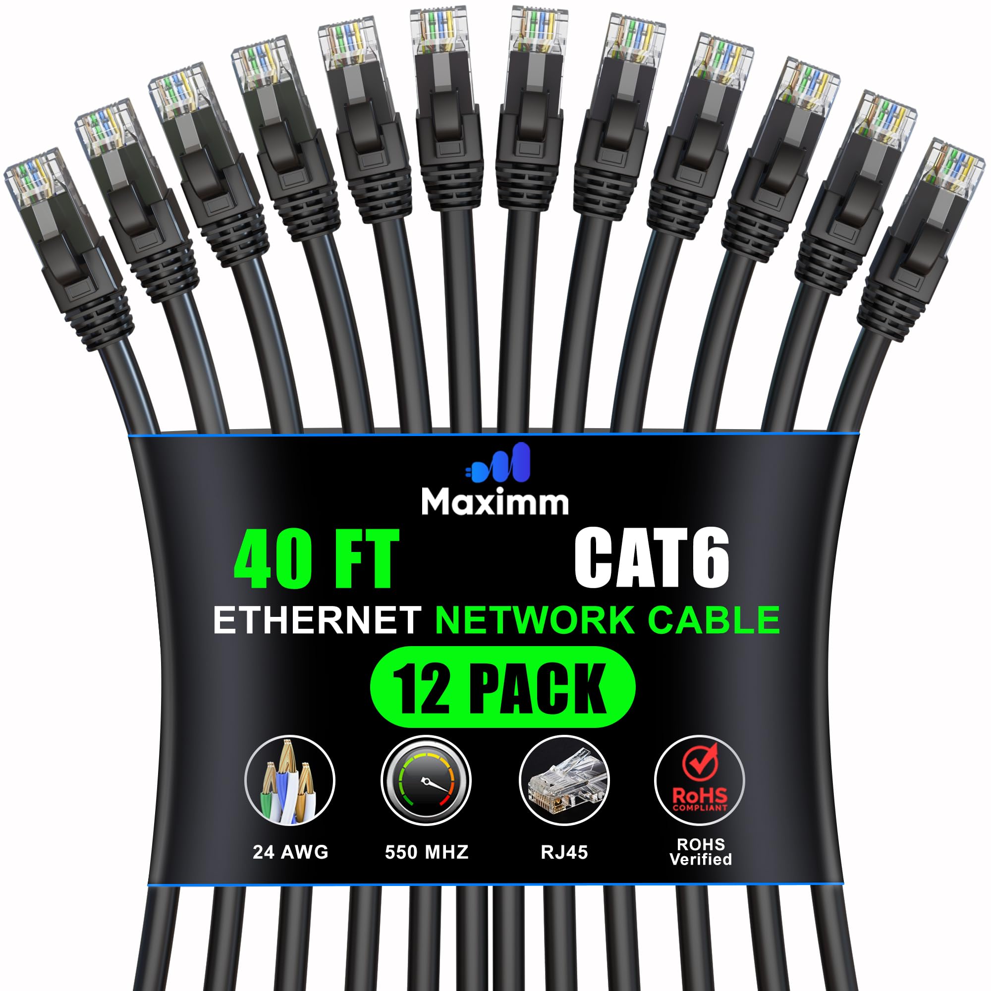 Maximm Cat 6 Ethernet Cable - 40 ft (12-Pack) - High-Speed LAN, Internet, Patch, and Network Cable - UTP, 10Gbps, 550MHz Ethernet Cord - Black