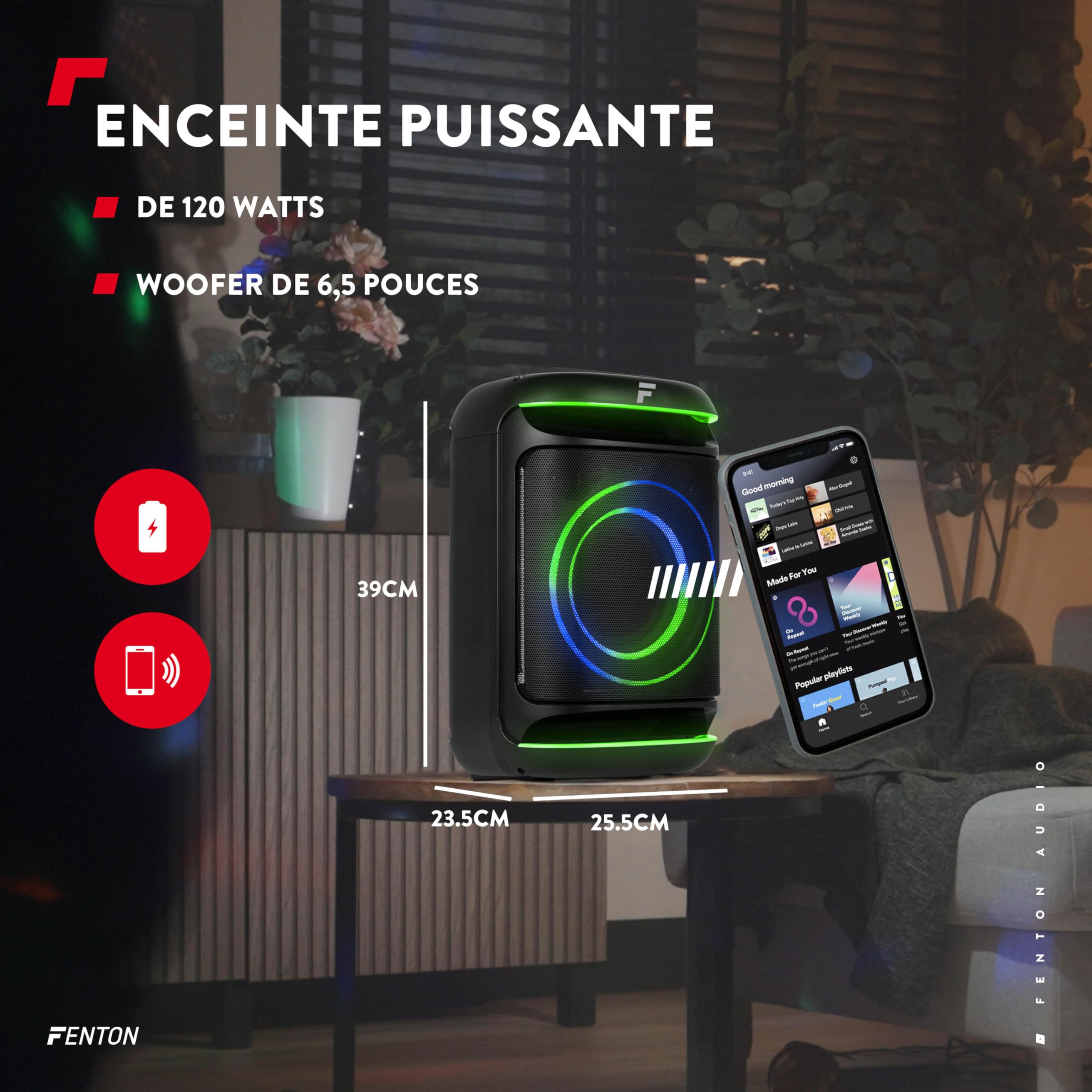 Fenton Track165 Enceinte Portable Bluetooth Lumineuse, 120W, Batterie Longue Autonomie 10H, Facile à Transporter, Enceinte Karaoké, Idéale pour Toutes Vos Soirées